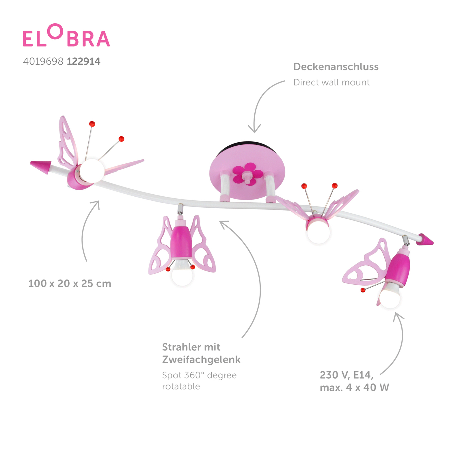 Dětské stropní svítidlo Motýl, 4 zdroje
