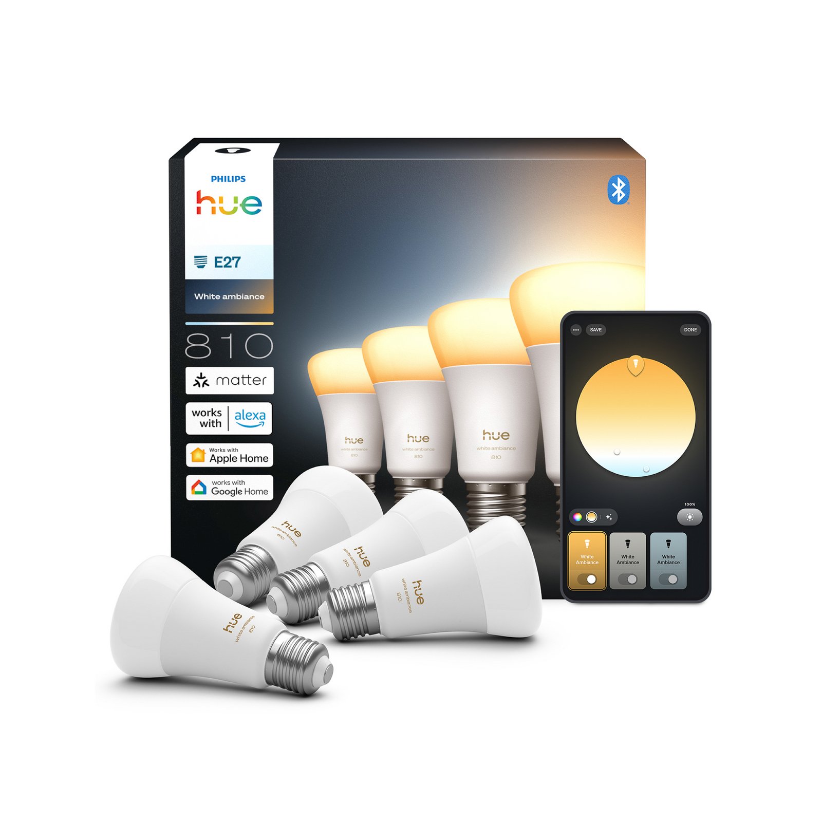 Philips Hue White Ambiance Smart E27 LED, 6 W 810 lm CCT 4-pack
