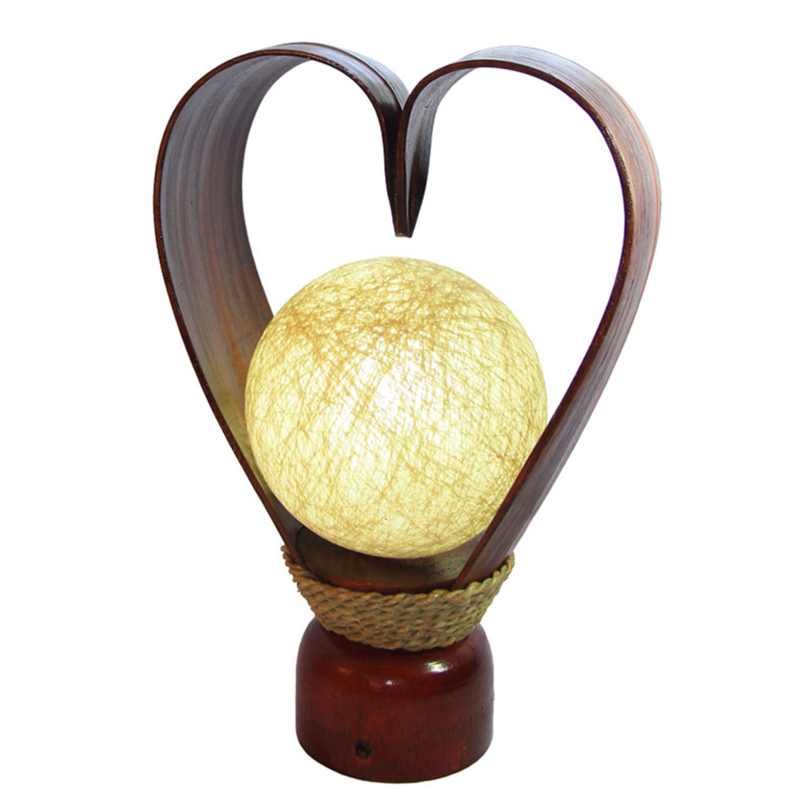 Woru Heart-shaped Karima table lamp, for Living / Dining Room, mahogany, sisal, coconut leaves, E14, 40 W, energy efficiency: A++, H: 50 cm