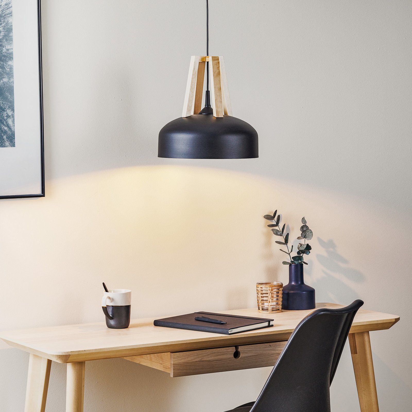 North hanging light, natural wood, black lampshade