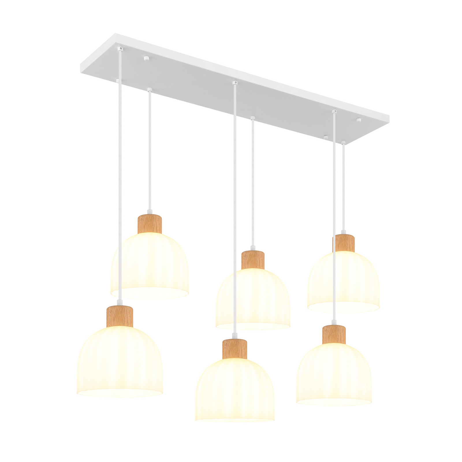 Lampă suspendată Swanson, lungime 105 cm, alb/maro, metal/lemn, 6 becuri Lampă suspendată Swanson, lungime 105 cm, alb/maro, metal/lemn, 6 becuri