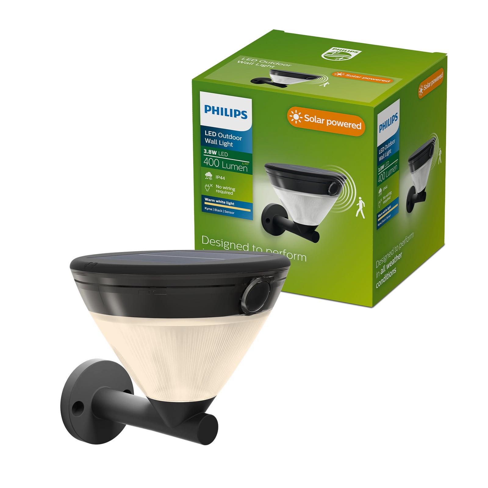 Philips LED-sončna stenska svetilka Kyna, črna, senzor, IP44 Philips LED-sončna stenska svetilka Kyna, črna, senzor, IP44