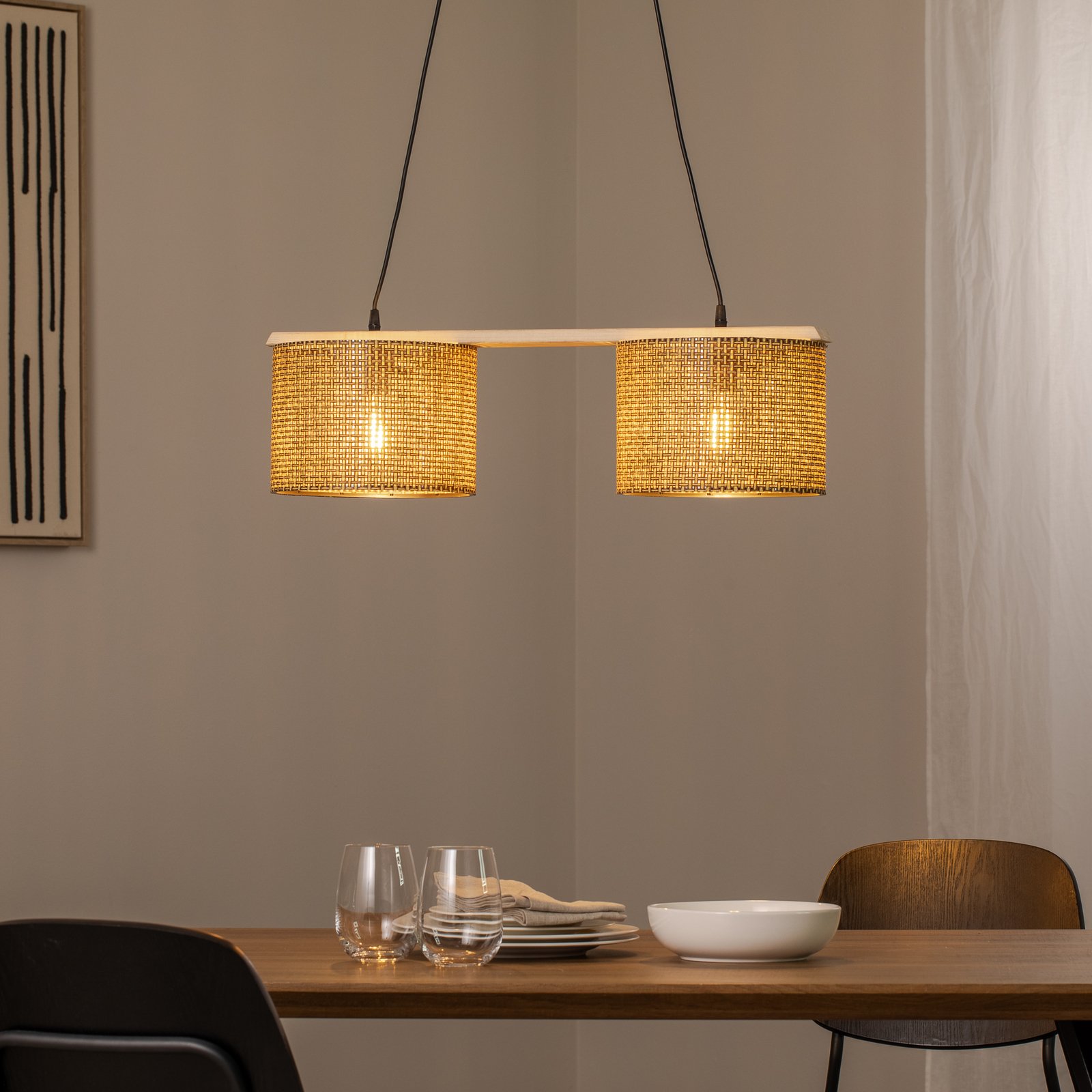 Candeeiro suspenso Zigana, padrão castanho, 2 lâmpadas, tecido, madeira Candeeiro suspenso Zigana, padrão castanho, 2 lâmpadas, tecido, madeira