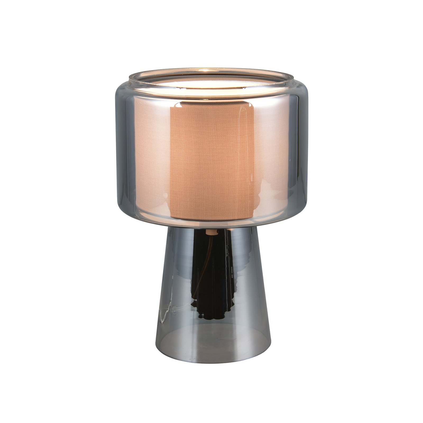 Lampada da tavolo Rocka, cromata, altezza 29 cm, vetro/tessuto