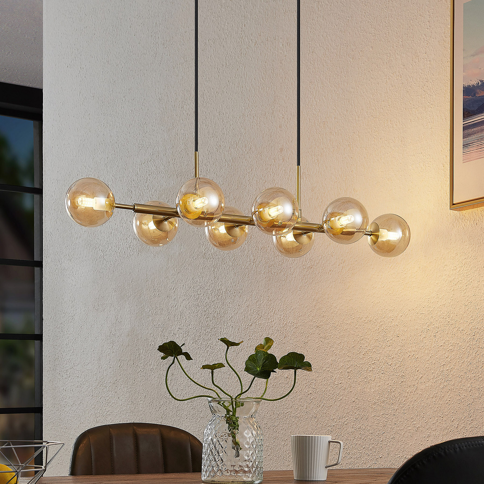 Lindby Kiamo hanglamp met glazen kappen, amber