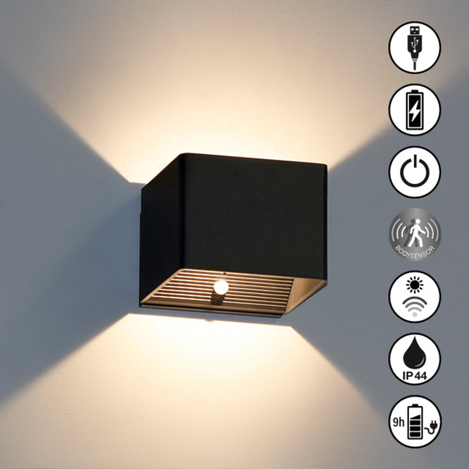 LED-Akku-Wandlampe Magnetic, schwarz, USB, Bewegungsmelder