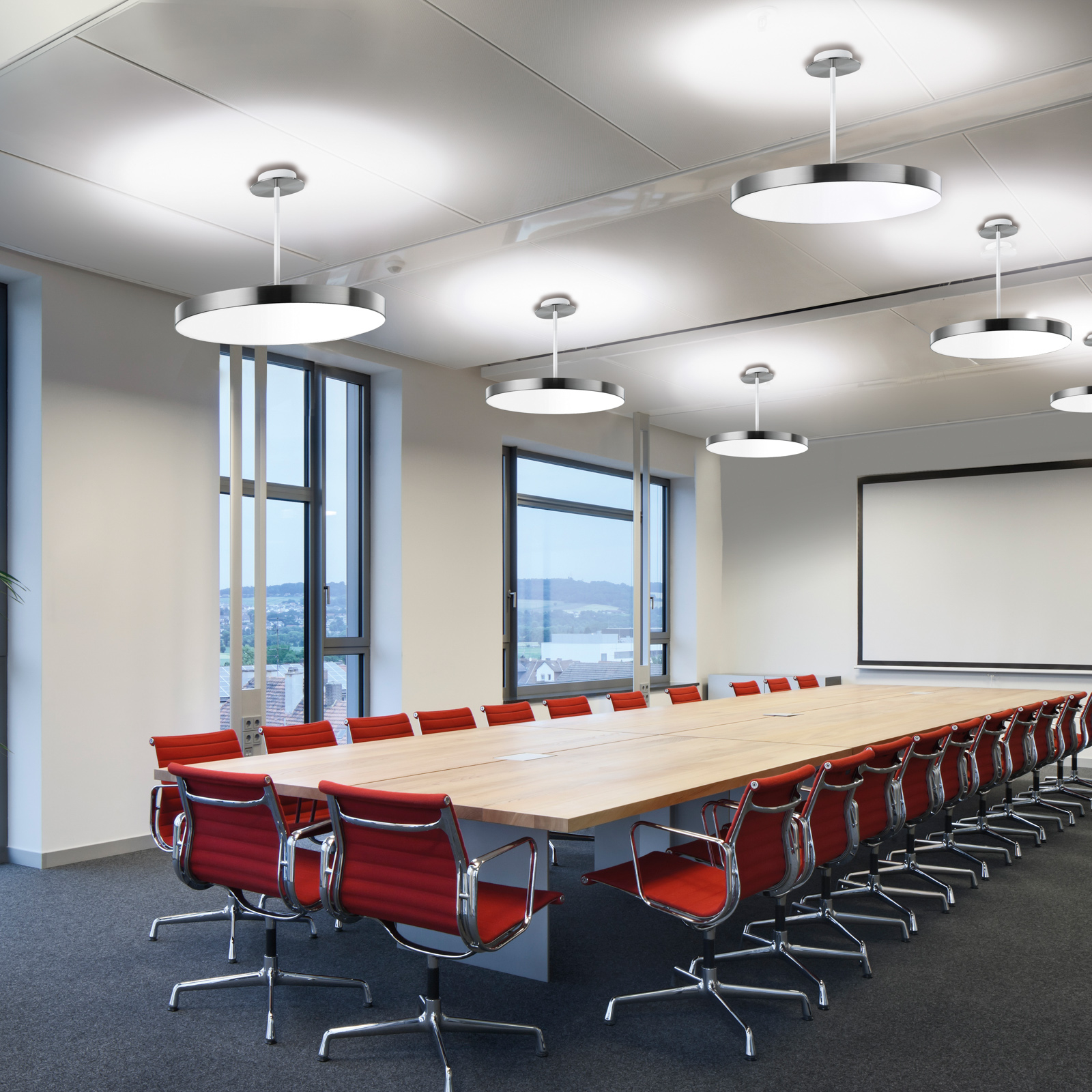 WALDMANN Vivaa C 600 LED hanging light disc DALI 4,000 K, for Workroom / Office, stainless steel, plastic, 65 W, energy efficiency: A+, H: 6.2 cm