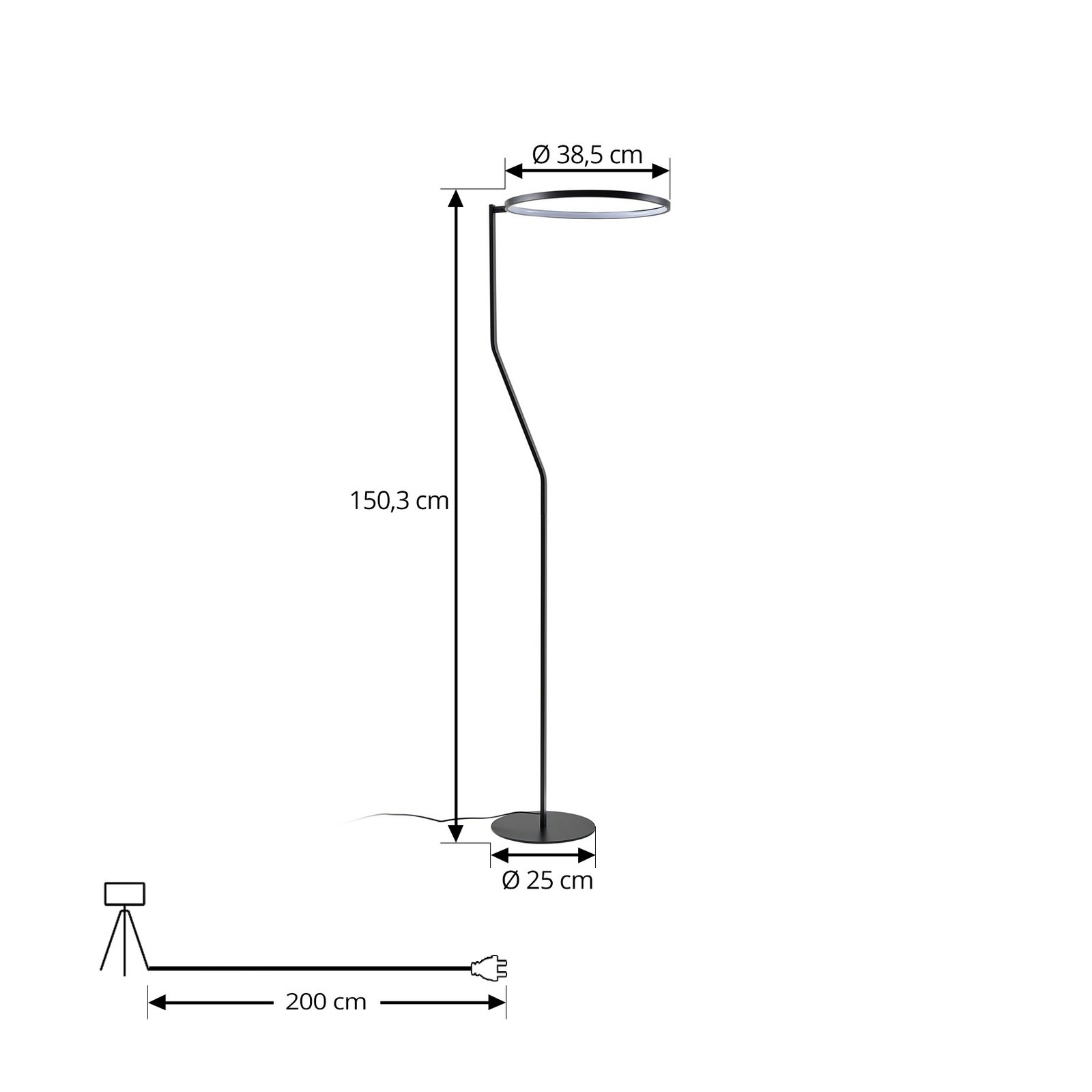 Lindby LED põrandavalgusti Rayon, must, metall, kõrgus 150,3 cm