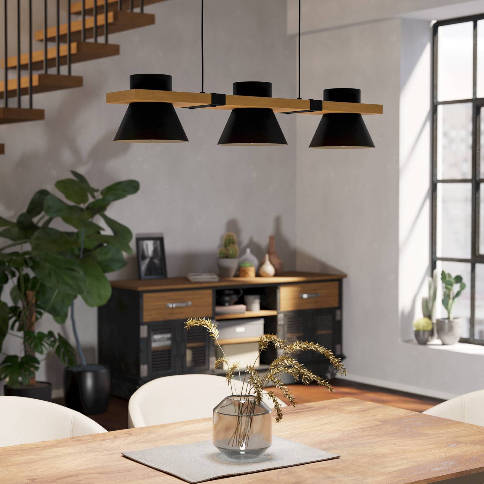 EGLO Hanglamp Maccles in zwart met hout, 3-lamps