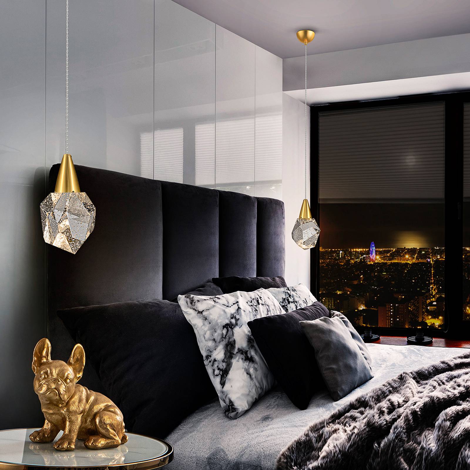 Lampa wisząca LED Aquaria, przezroczyste szkło, złota, wielościenna