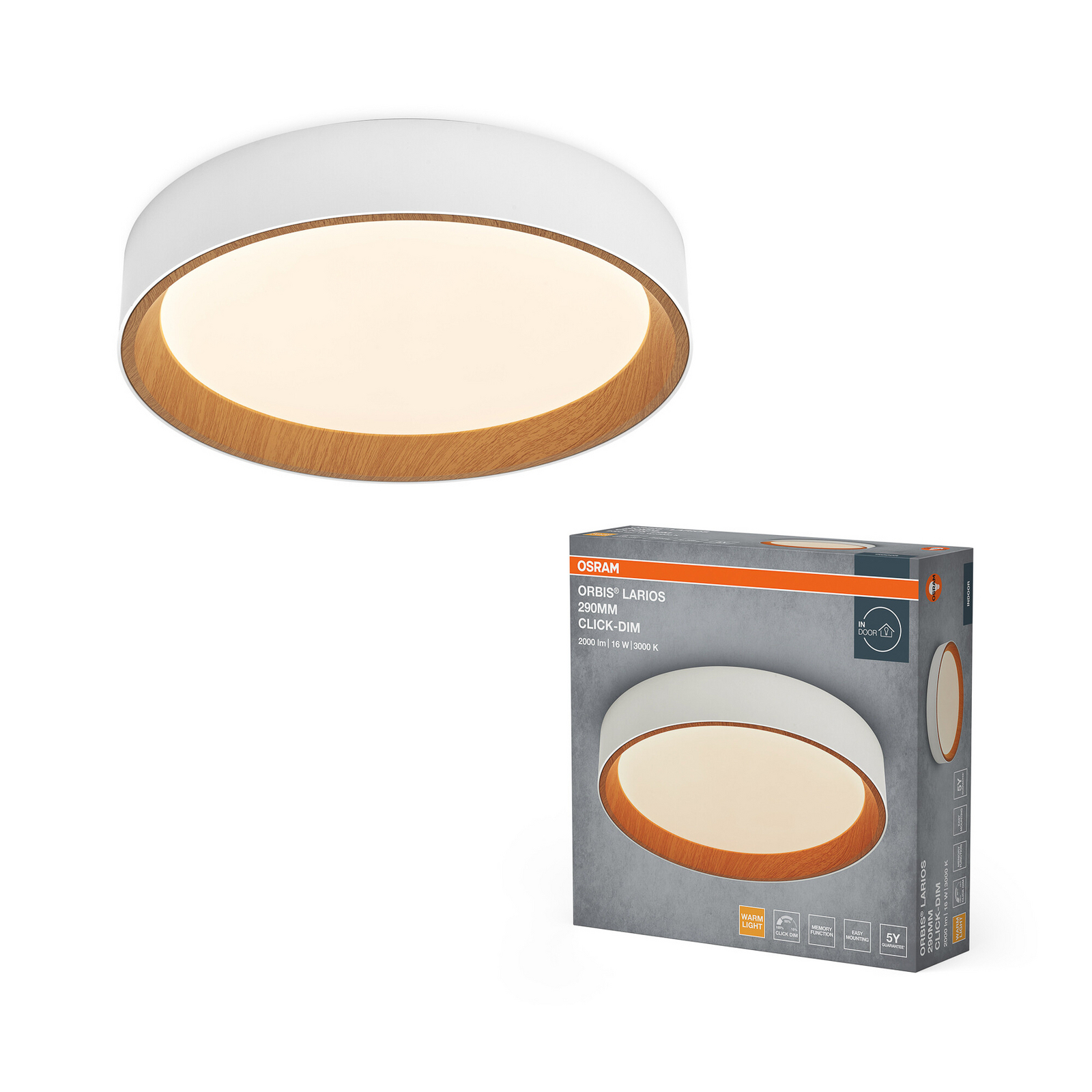 Φωτιστικό οροφής LED OSRAM ORBIS LARIOS, λευκό/ξύλο, Ø 29 cm, με ρυθμιστή Φωτιστικό οροφής LED OSRAM ORBIS LARIOS, λευκό/ξύλο, Ø 29 cm, με ρυθμιστή