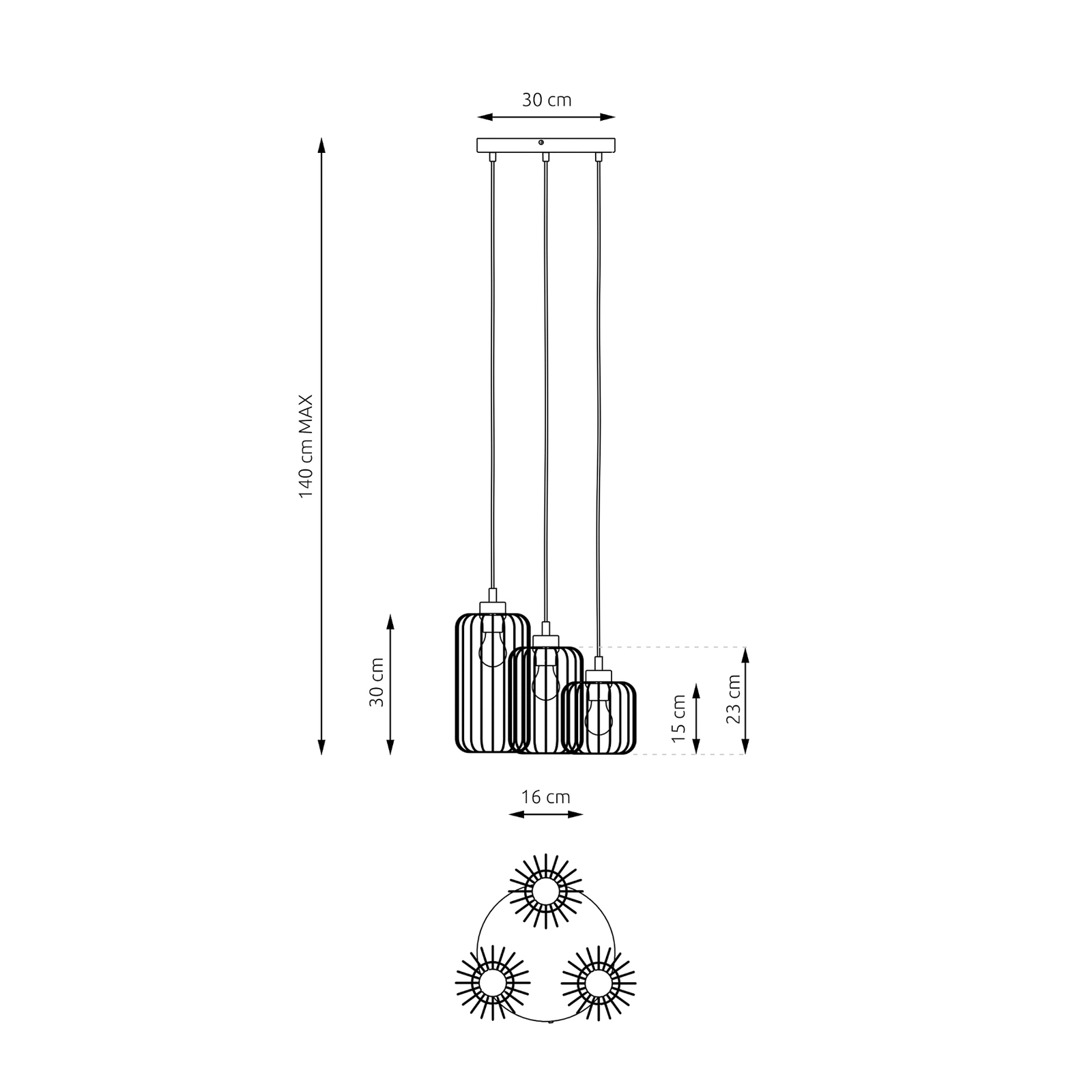 Suspension Vander, 3 lampes, Ø 30 cm, noir, métal, E27