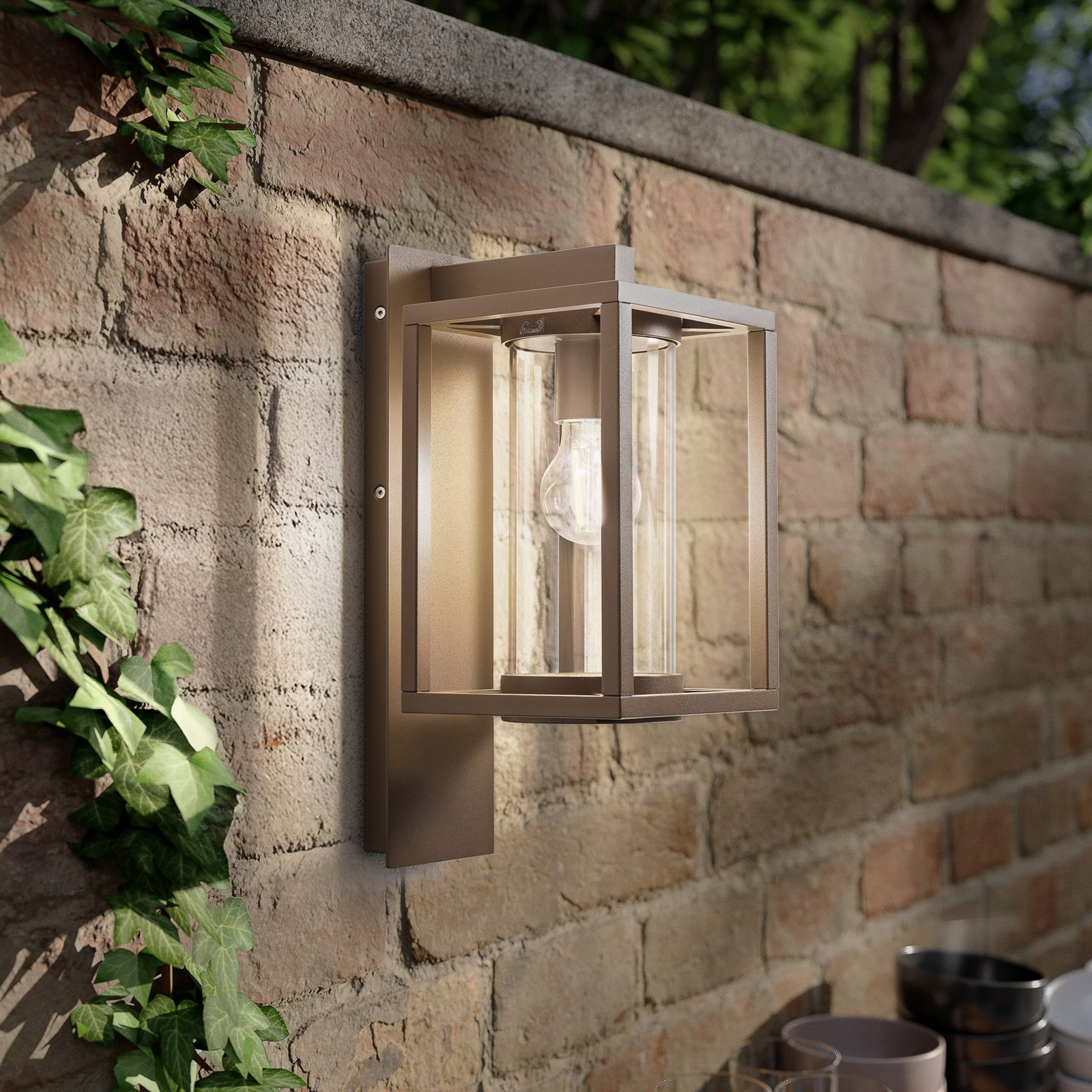 Lucande outdoor wall light Ferda, hanging, brown, IP44, E27