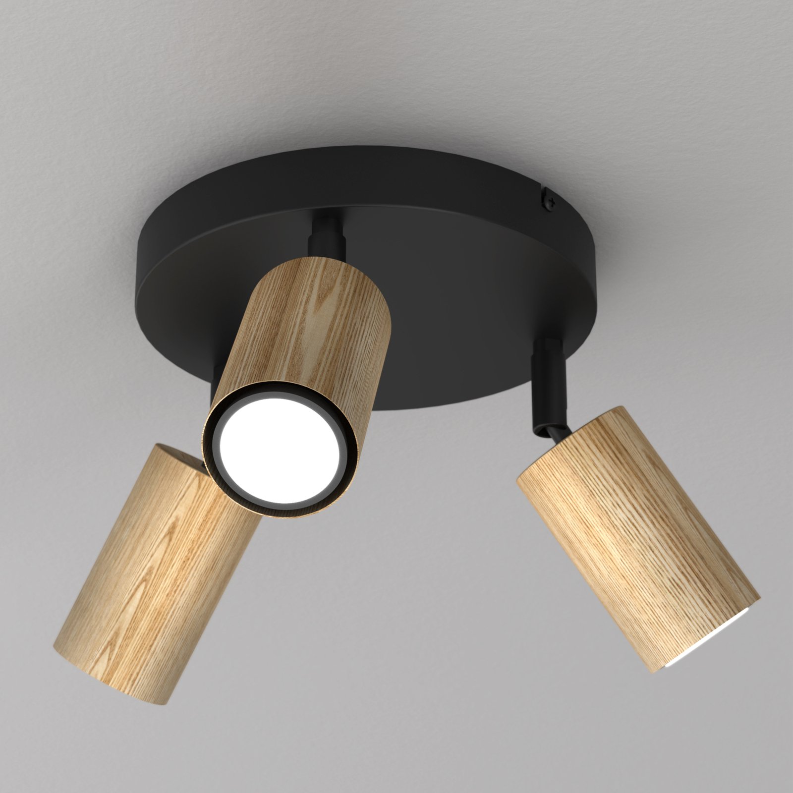 Plafonnier Nise, 3 lampes, rond, acier noir, bois