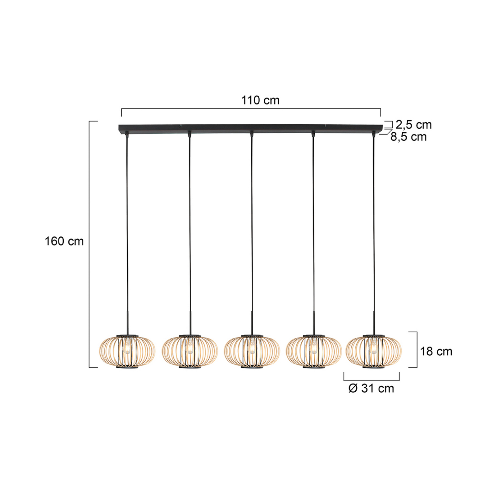 Silva-riippuvalaisin, 5-lamppuinen, pitkä, musta, bambutangot