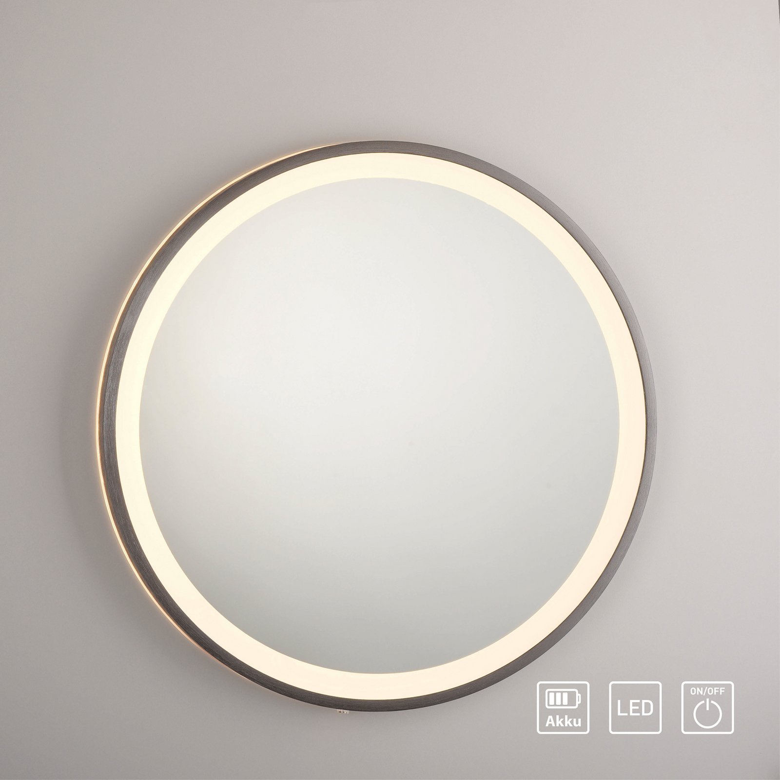 VIDRO LED wall mirror, grey, Ø 46 cm, power bank, switch