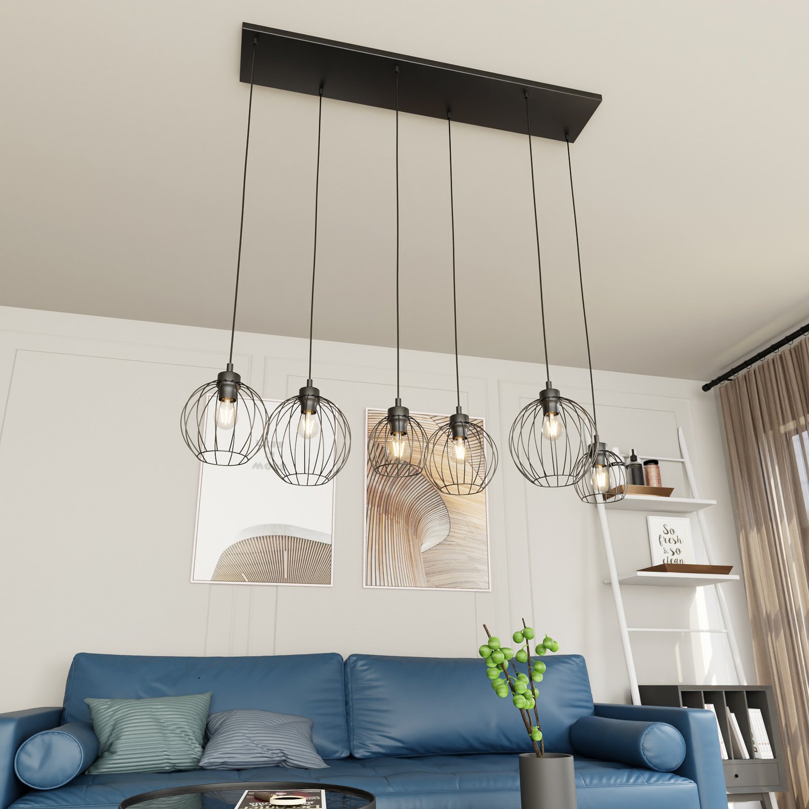 Nando pendant light, 6-bulb, 125 cm, black, metal, E27