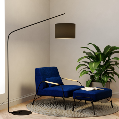 Łukowata lampa stojąca Viskan z kloszem z tkaniny