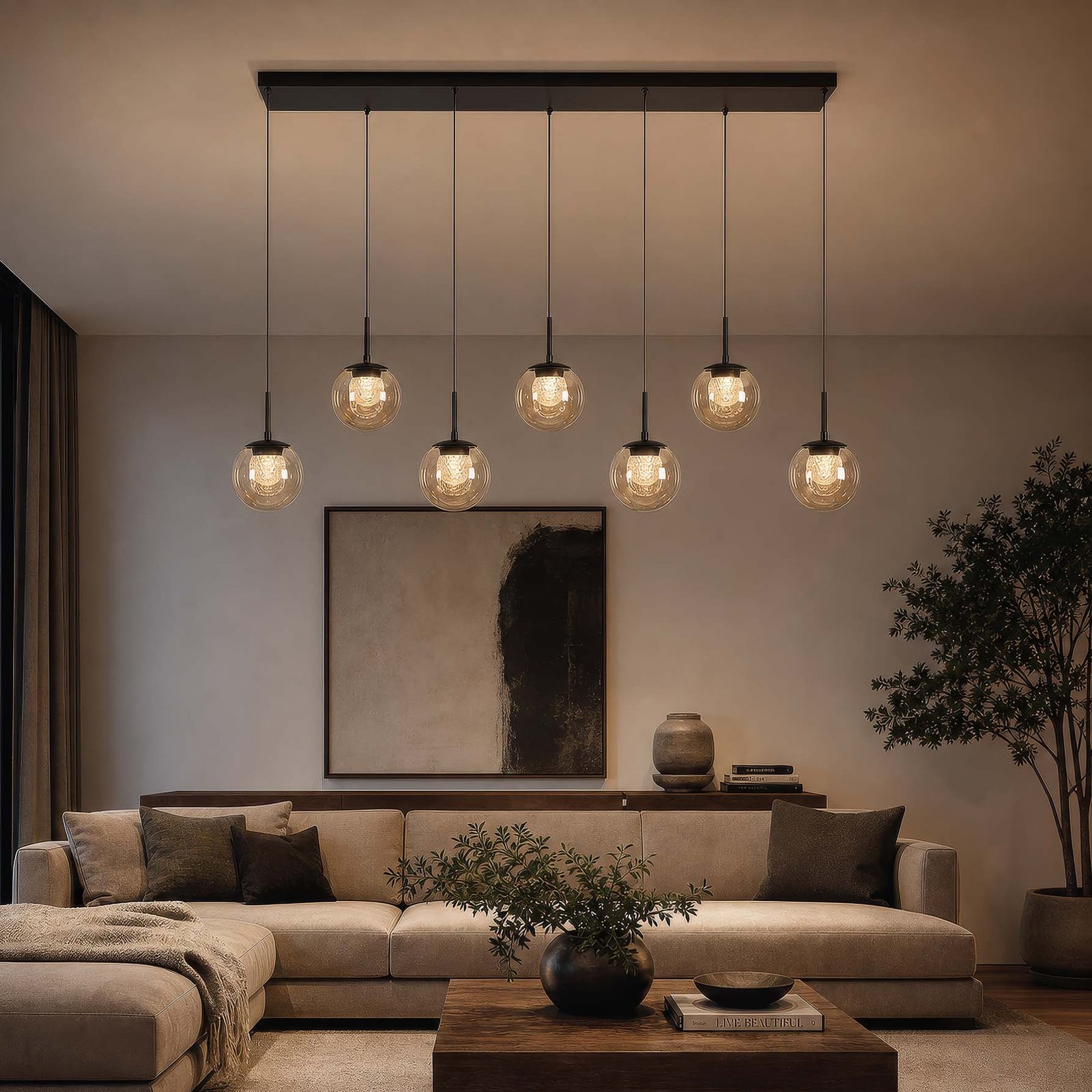 LED-Hängeleuchte Solis, 7-fl. lang, bronze, Glas, 2.700 K LED-Hängeleuchte Solis, 7-fl. lang, bronze, Glas, 2.700 K