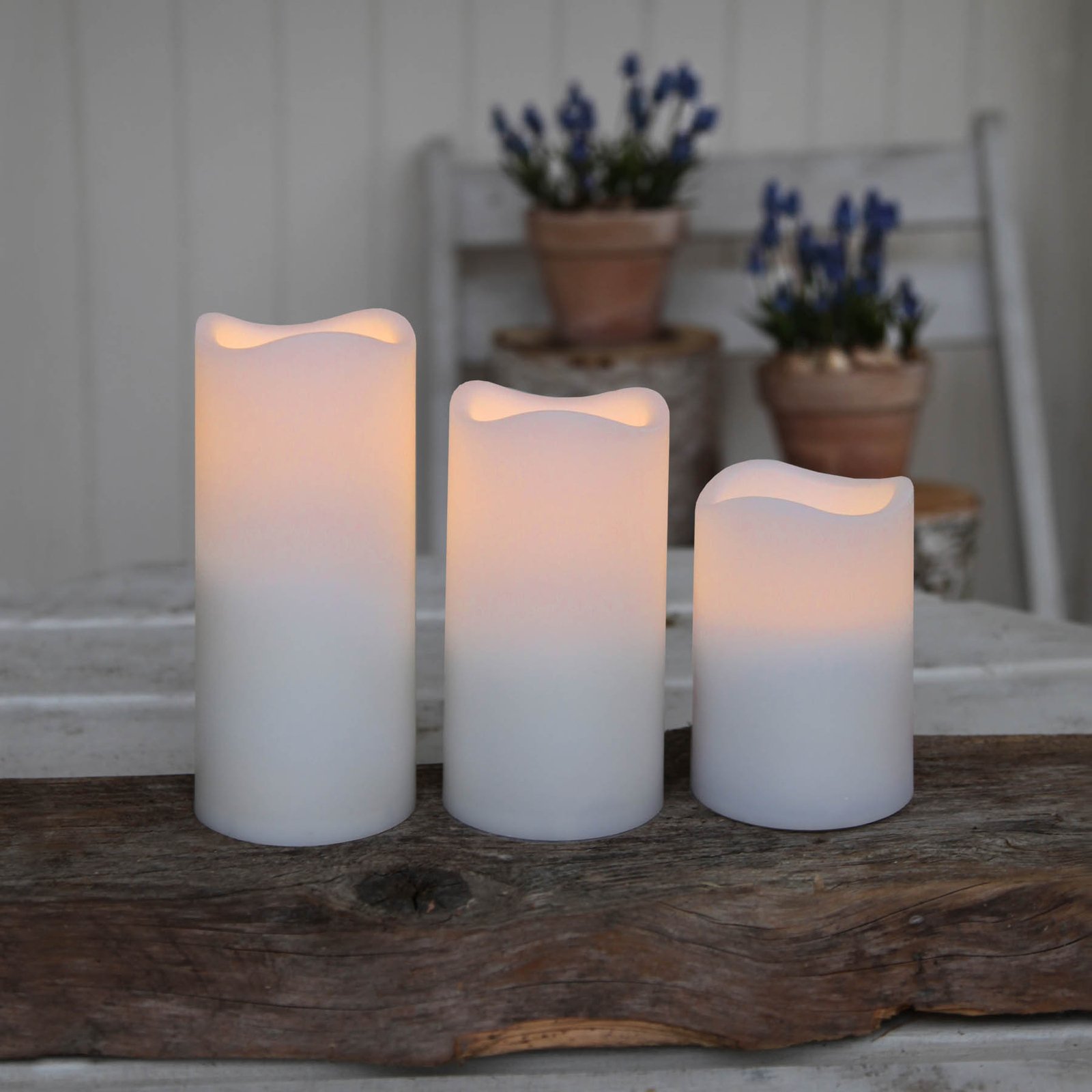 Set of three LED candles for outdoors