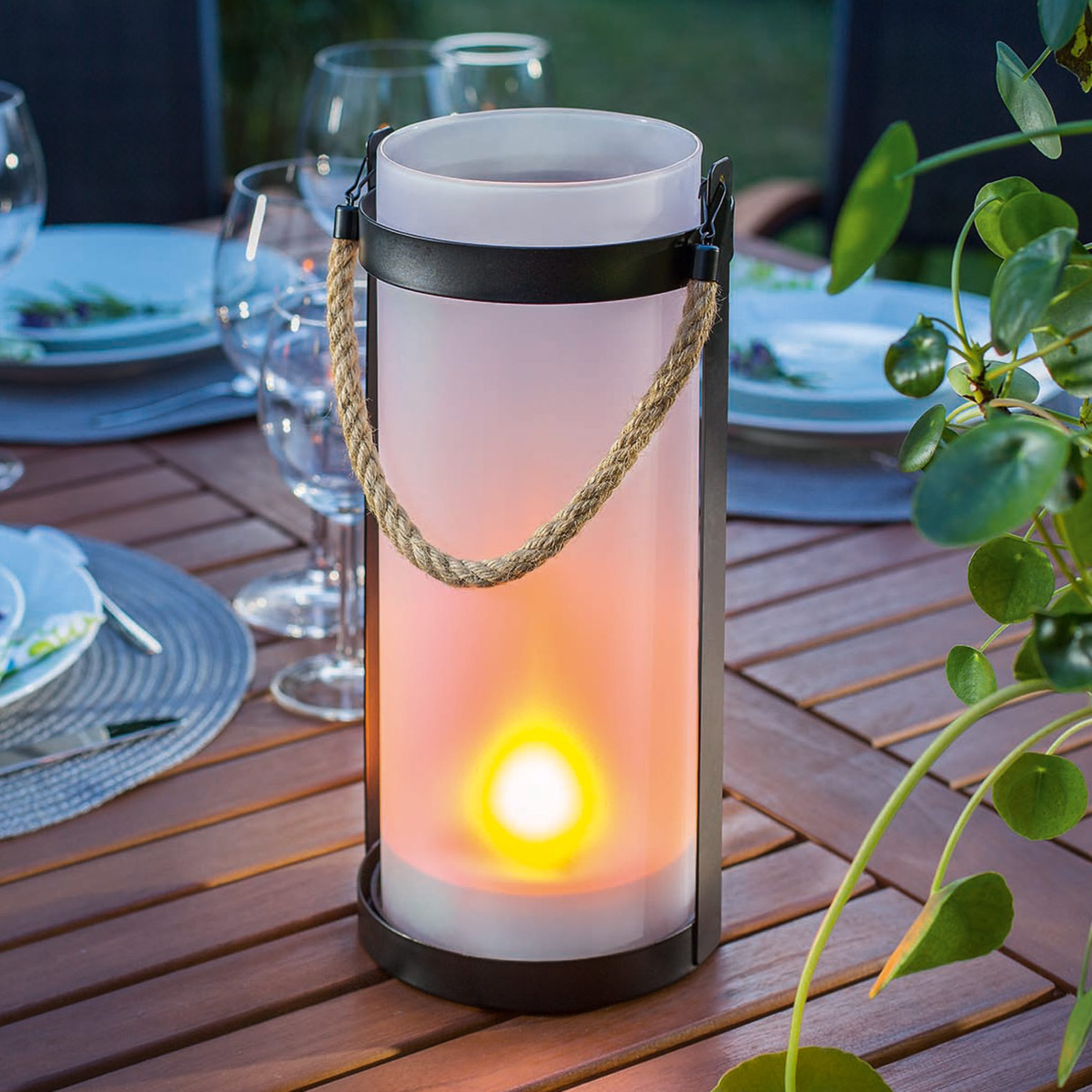 Esotec Jasmin solar light with a flame effect, glass, metal, hemp rope, H: 30.5 cm