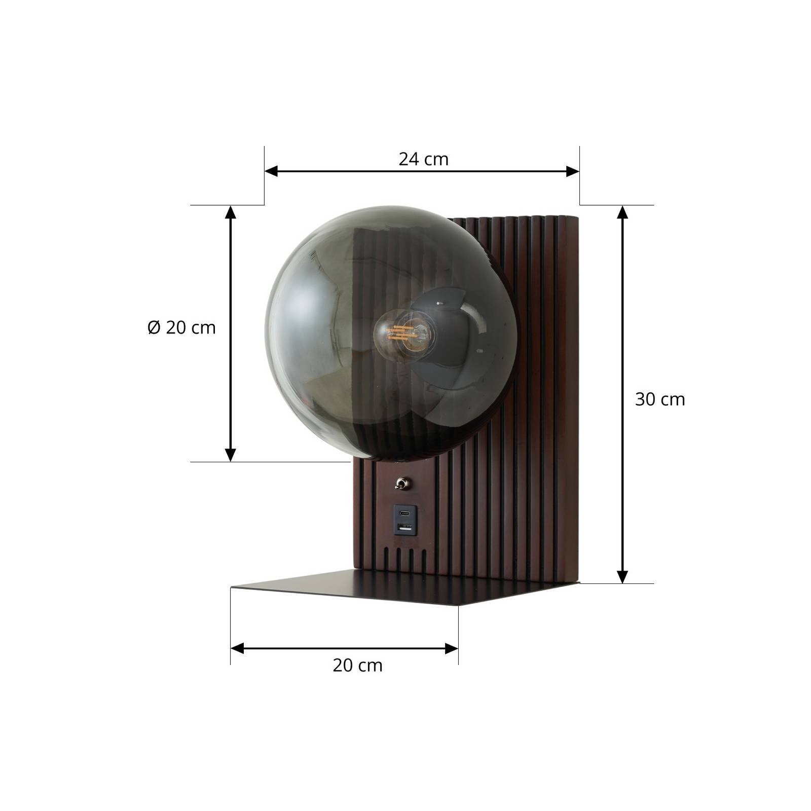 Lucande Wandleuchte Veloura, Höhe 30 cm, Glas, Holz, USB günstig online kaufen