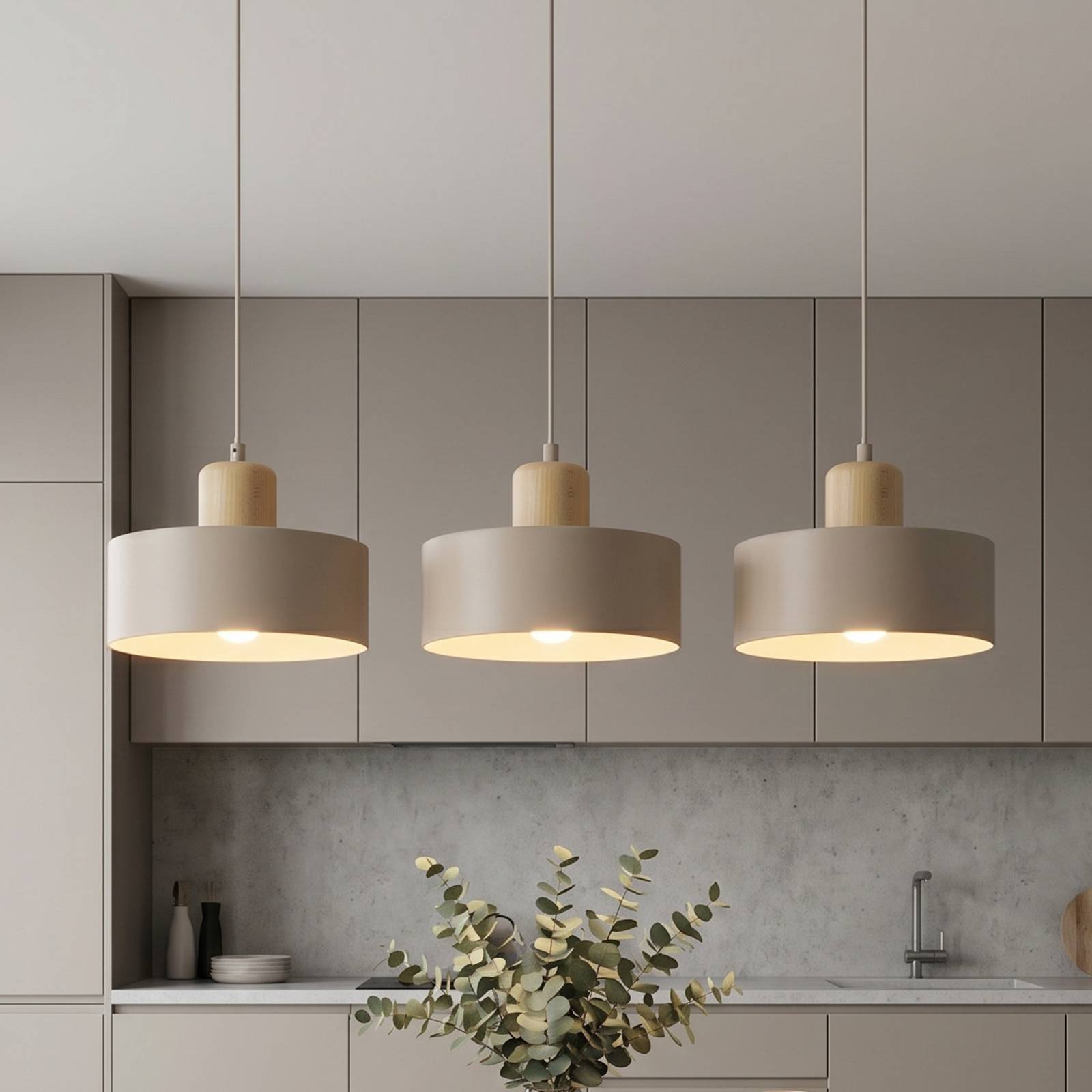 EMIBIG LIGHTING Suspension Torin, beige, longueur 80 cm, à 3 lampes, métal/bois