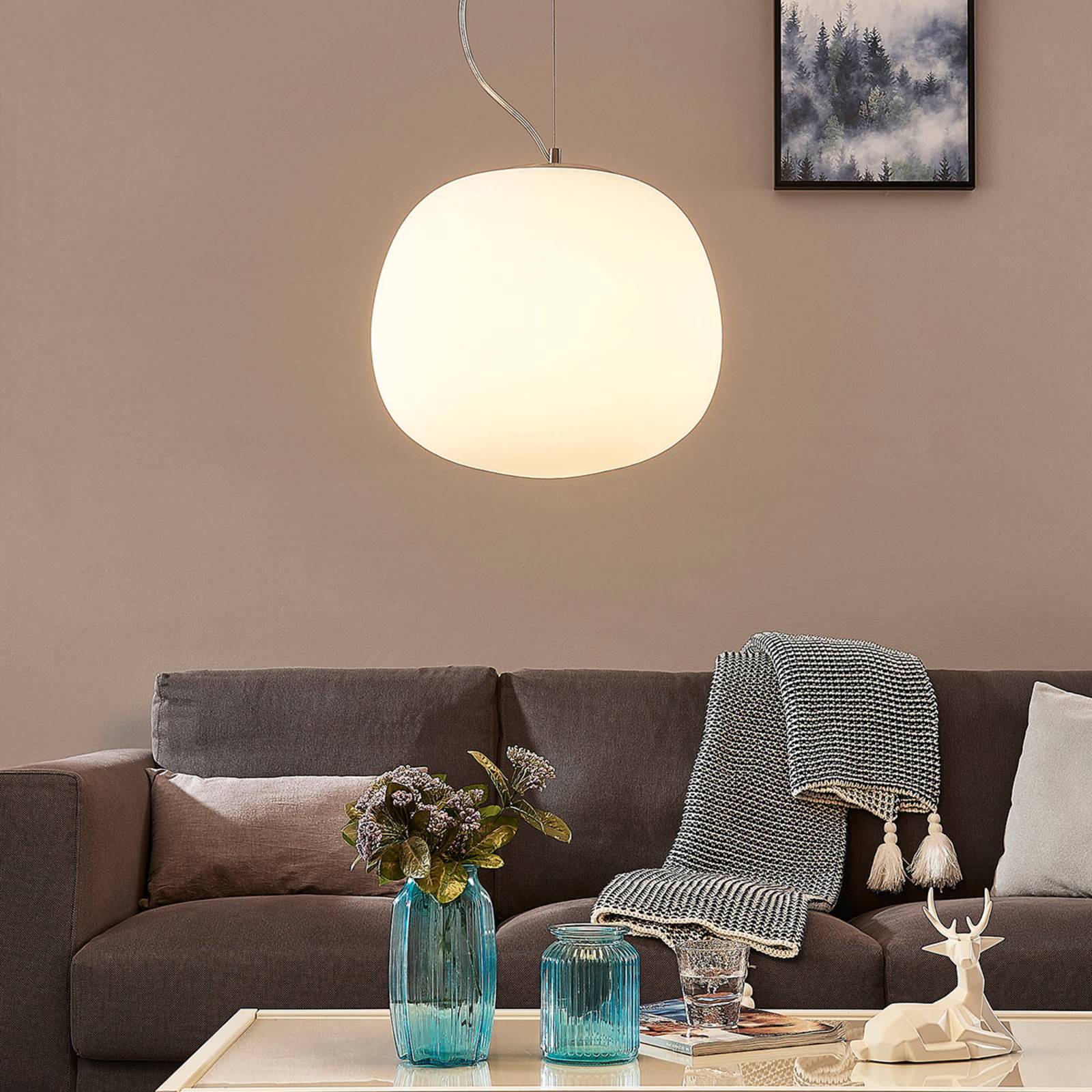 E-shop Sklená závesná lampa Ginevra, okrúhla, biela 38 cm