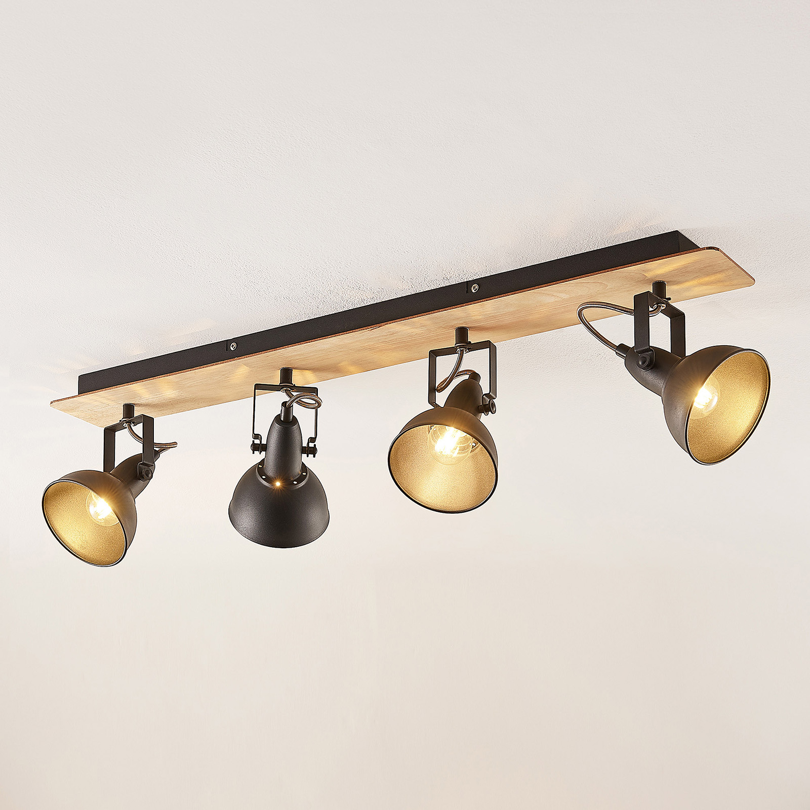 Lindby Aylis ceiling lamp, black, wood, 4-bulb