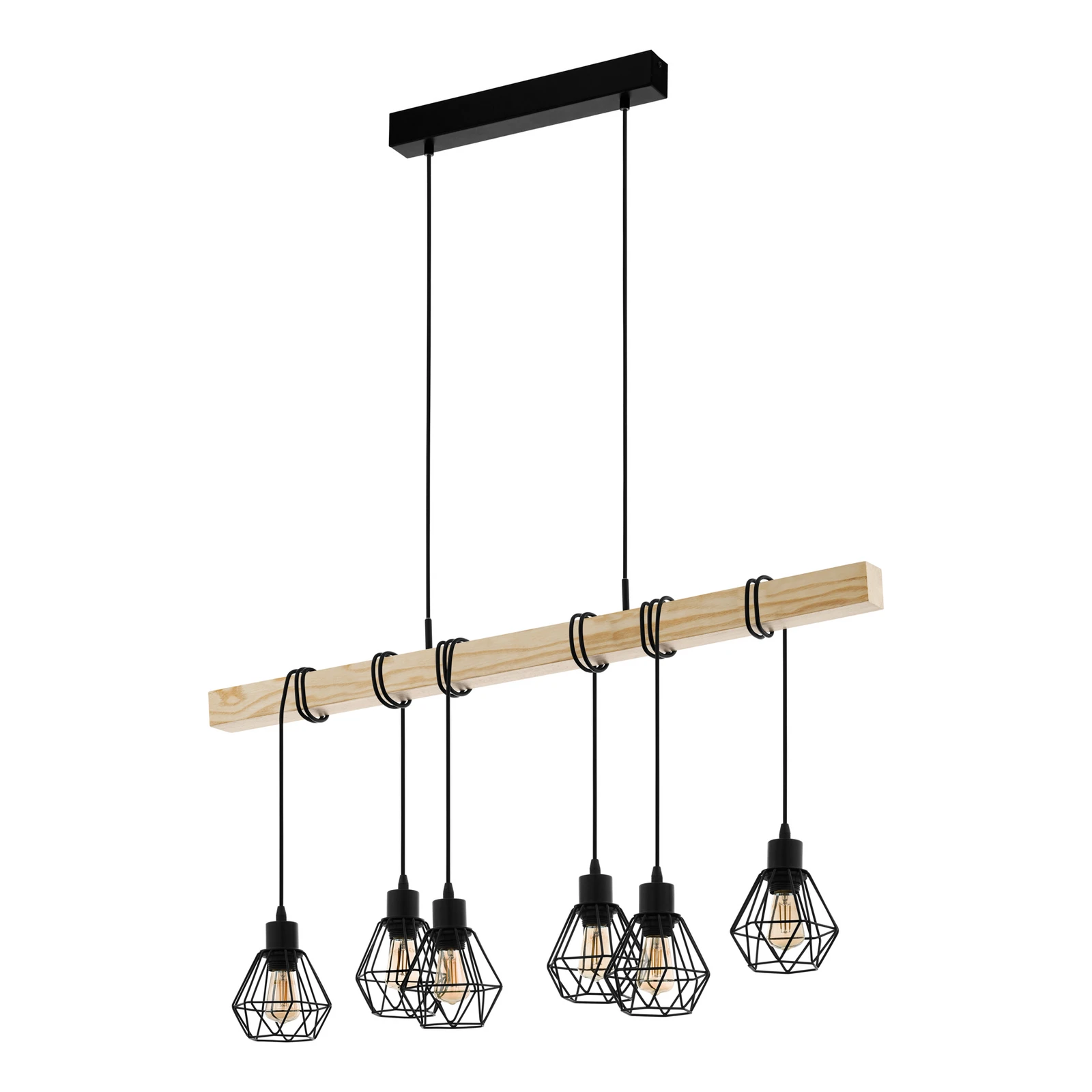 Hängeleuchte Townshend, Länge 100 cm, schwarz/eiche, 6-flg.