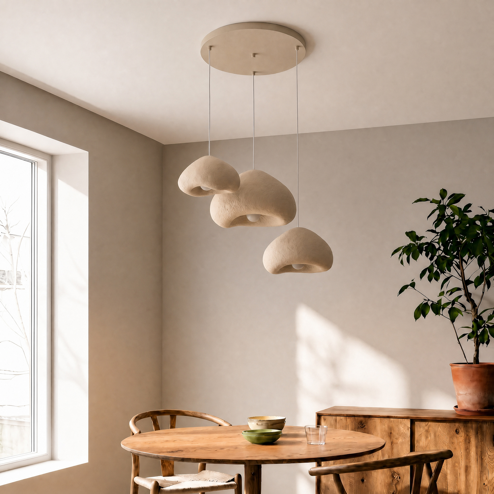 Lampada a sospensione Lora, beige, Ø 82 cm, a 3 luci, fibra di vetro, E27