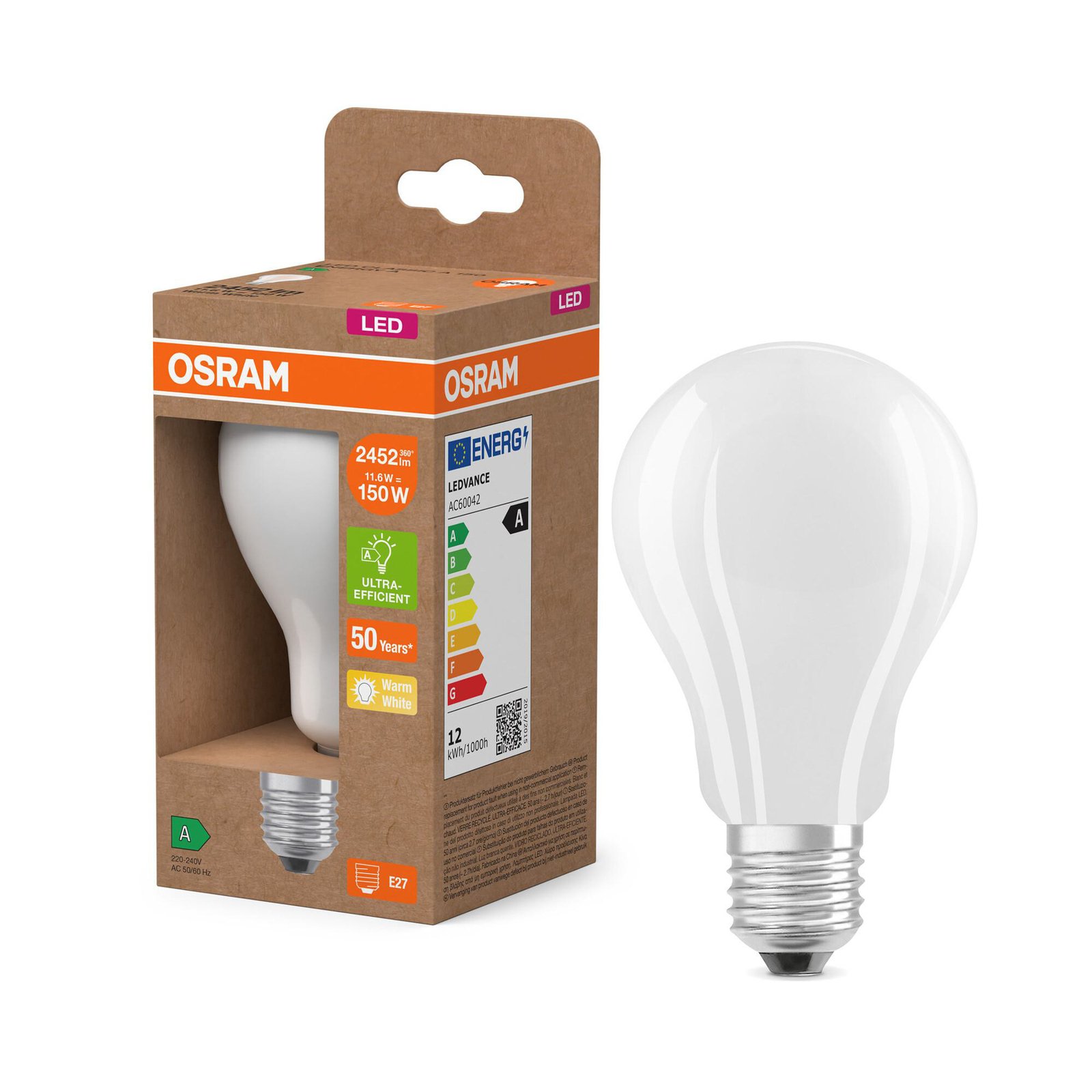 OSRAM LED bulb E27 11.6W matt 2,700K 2452lm