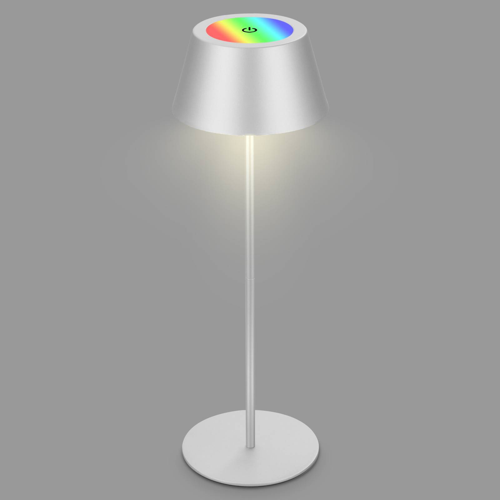 Akumulatorowa lampa stołowa LED Kiki, matowy chrom, IP44, 3000 K, RGBW