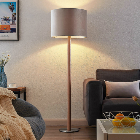 Lucande Heily Stehleuchte, Holz, rund 35 cm, grau