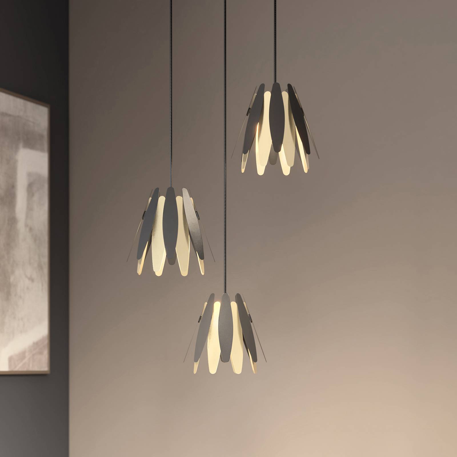 Lucande Lounit suspension noire-dorée 3 lampes