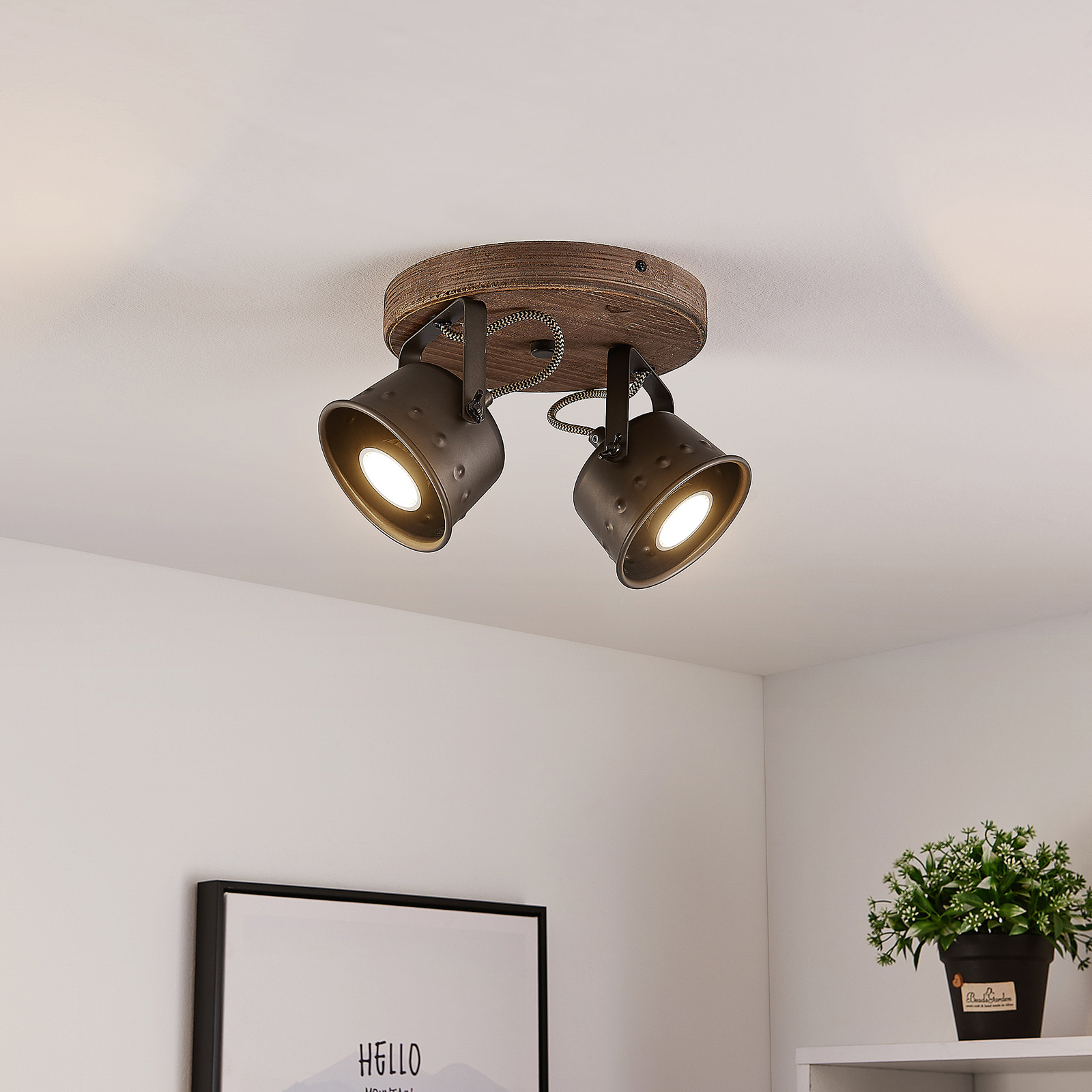 Lindby loftspot Rubinjo, Ø 32cm, 2 lyskilder, træ, metal