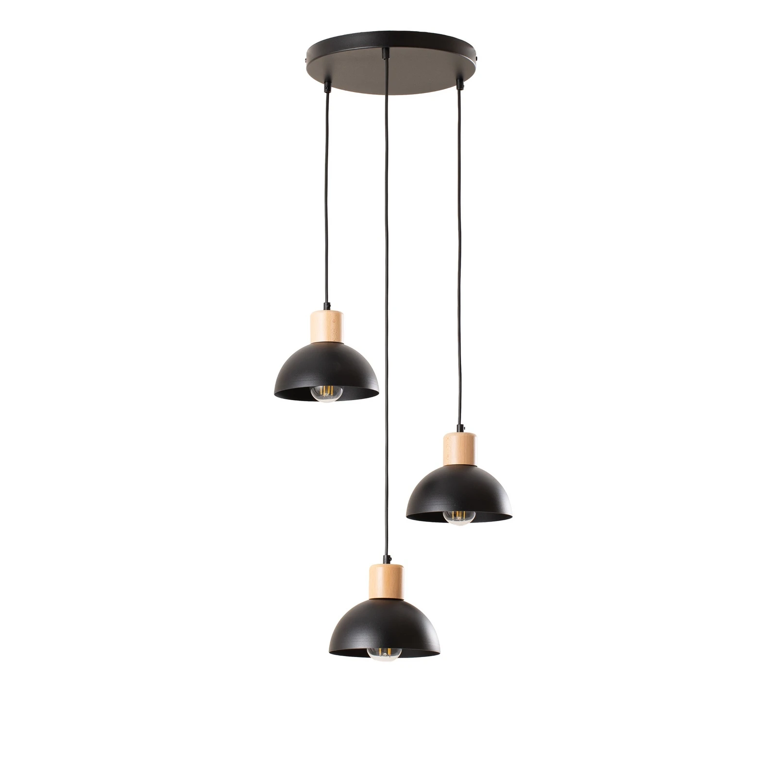 Suspension Seco, Ø 30 cm, noir, métal/bois, 3 lampes