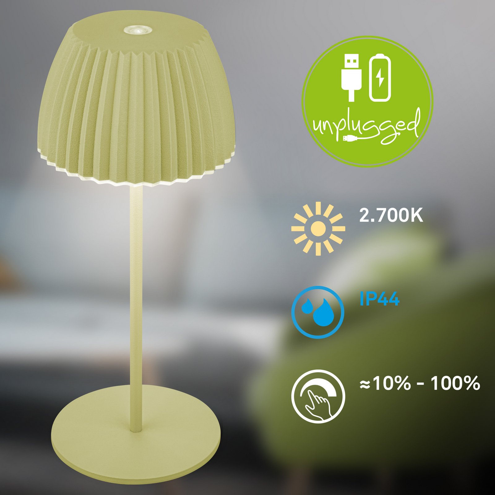 Lampe à poser LED rechargeable Brilo unplugged Riffle, 20 cm, vert