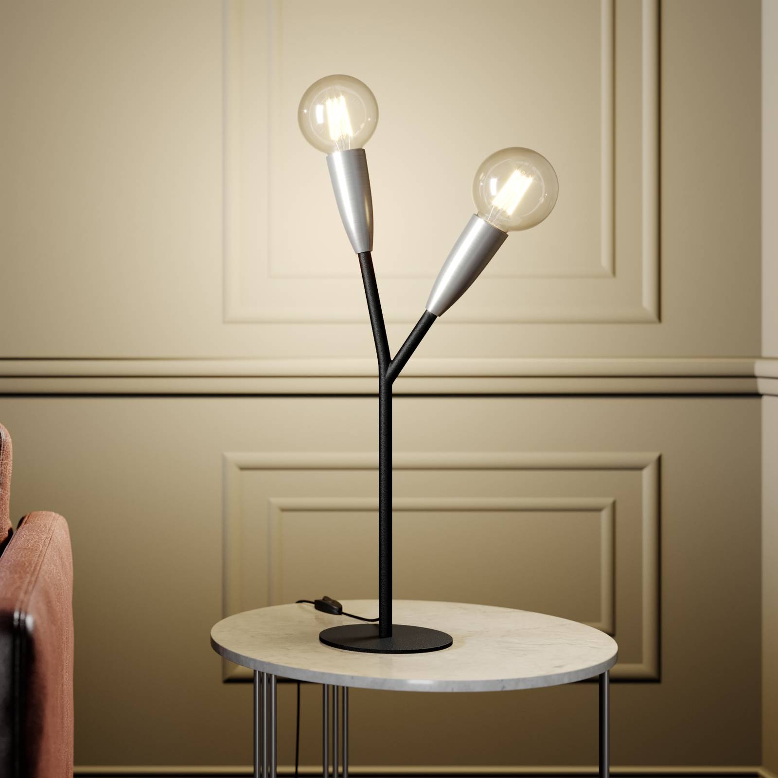 Lucande Carlea table lamp, 2-bulb black and nickel, for Living / Dining Room, metal, aluminium, E27, 60 W, energy efficiency: A++, H: 59 cm