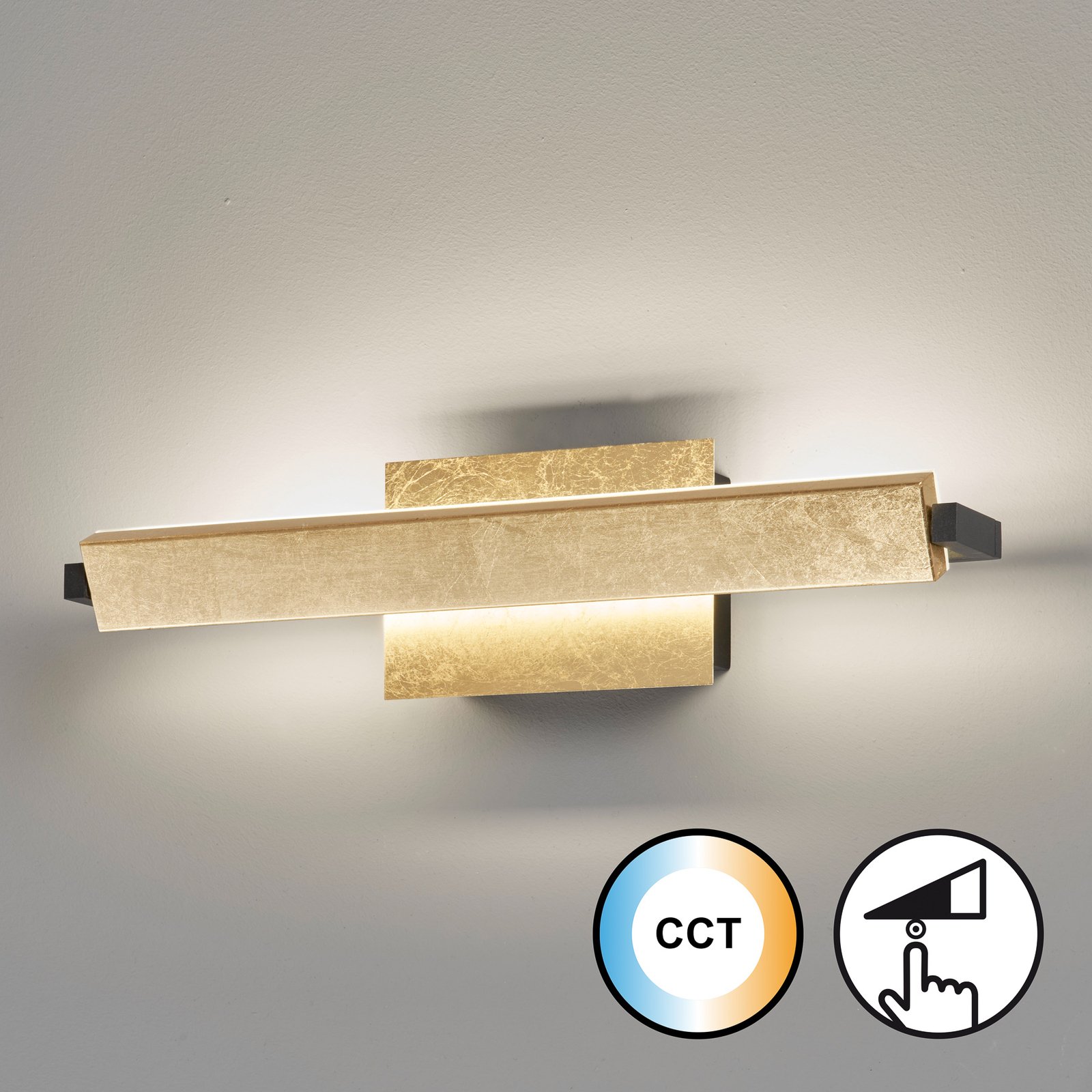 LED wall light Pare, gold-coloured, width 40 cm, metal, CCT