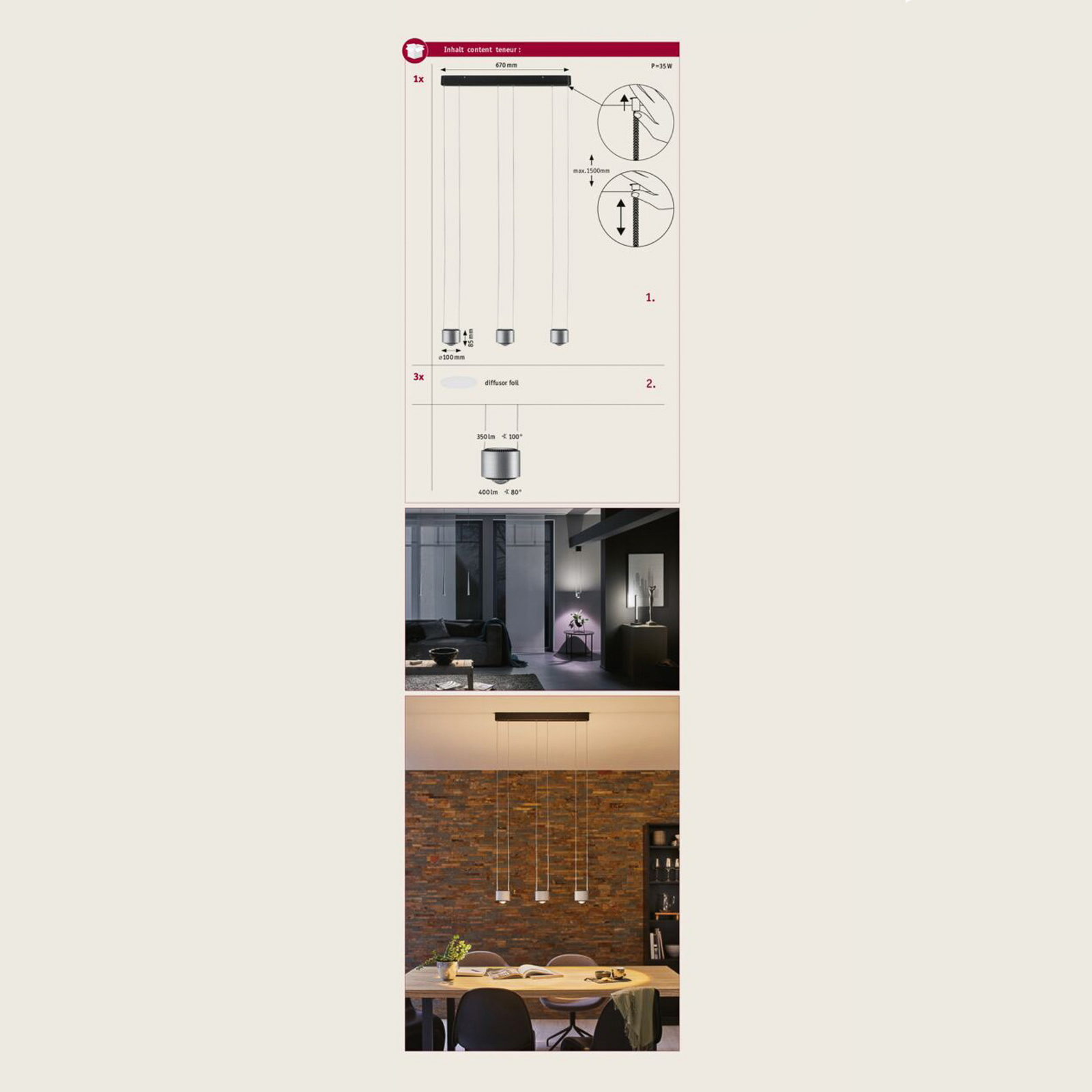 Aldan 3 pendellampe dæmpbar Sort/børstet aluminium - Paulmann