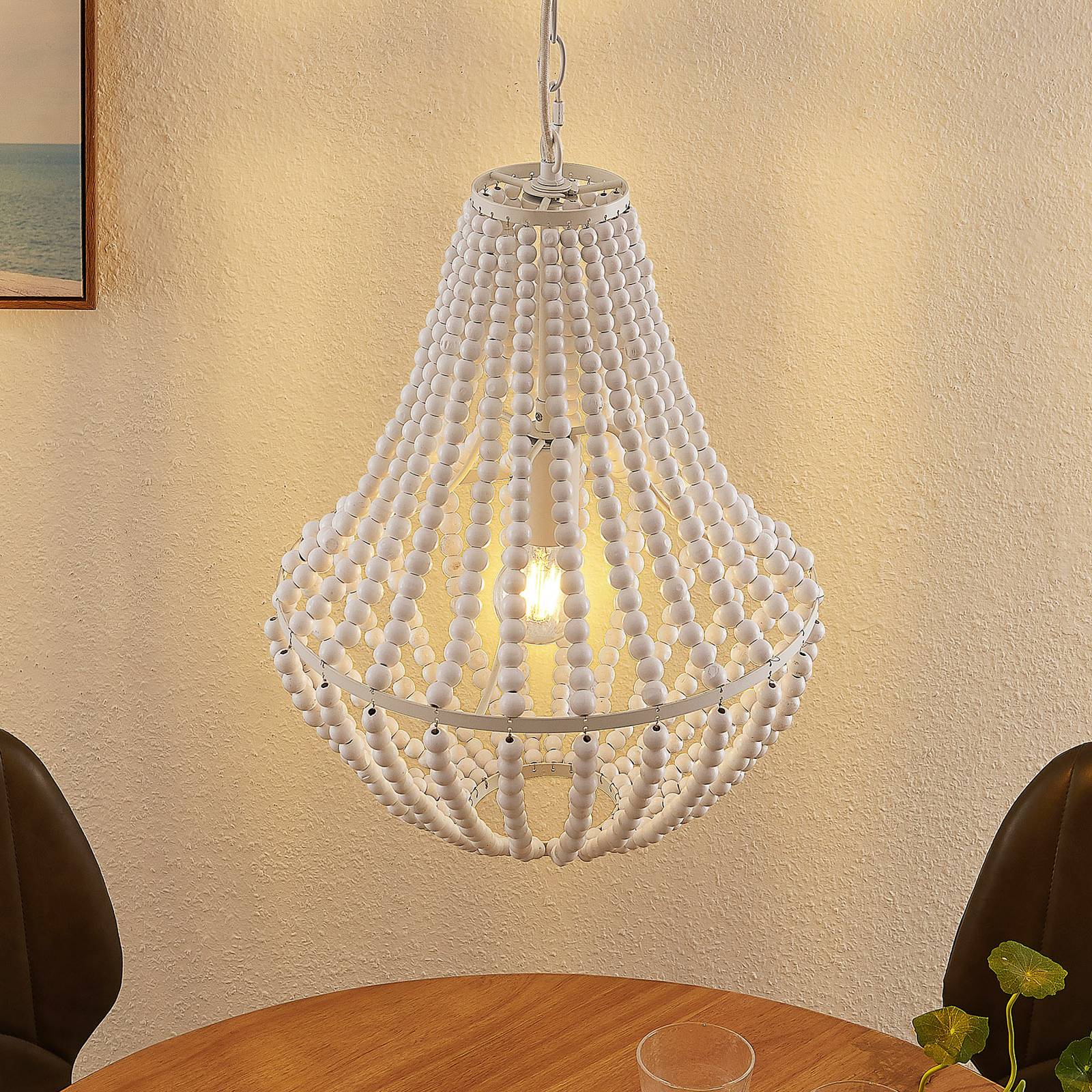 Lindby Arisha hanglamp van houten kralen, wit