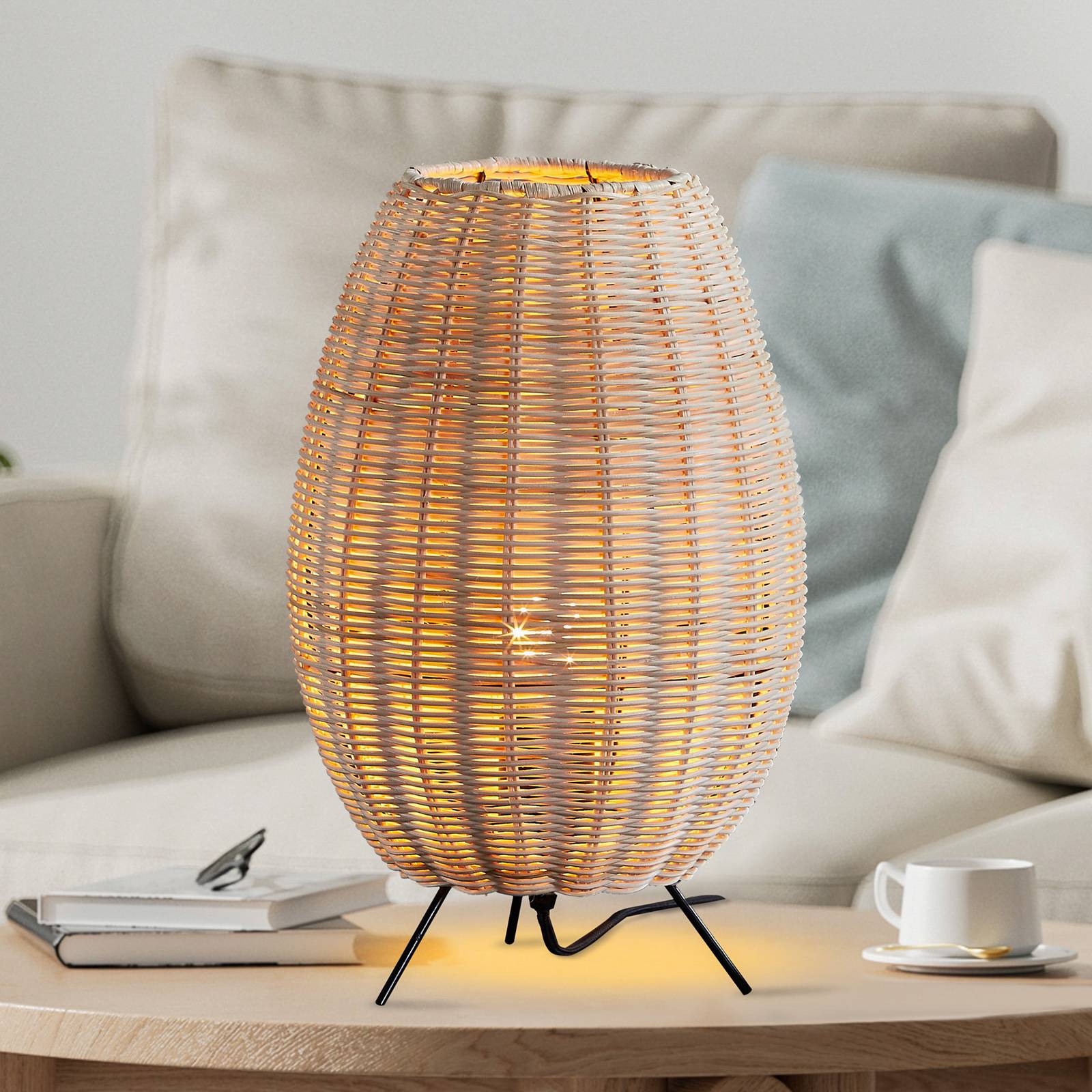 Lindby Tischleuchte Oliana, Rattan, Ø 23 cm, E27 günstig online kaufen