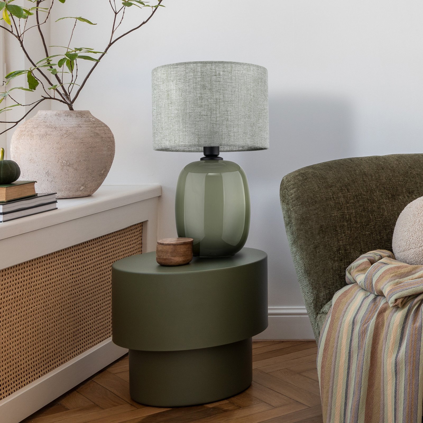Tafellamp Melody, olijfgroen, textiel, hoogte 48 cm, E27 Tafellamp Melody, olijfgroen, textiel, hoogte 48 cm, E27