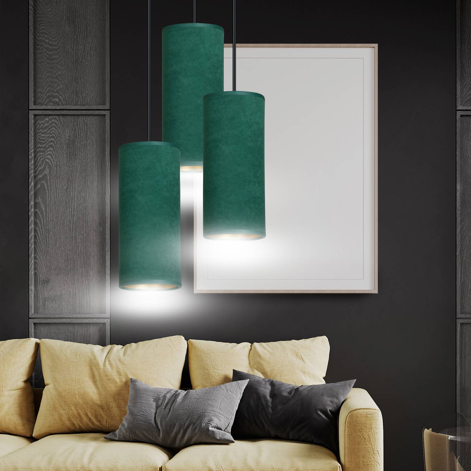 Euluna Suspension Joni tissu ronde 3 lampes vert doré