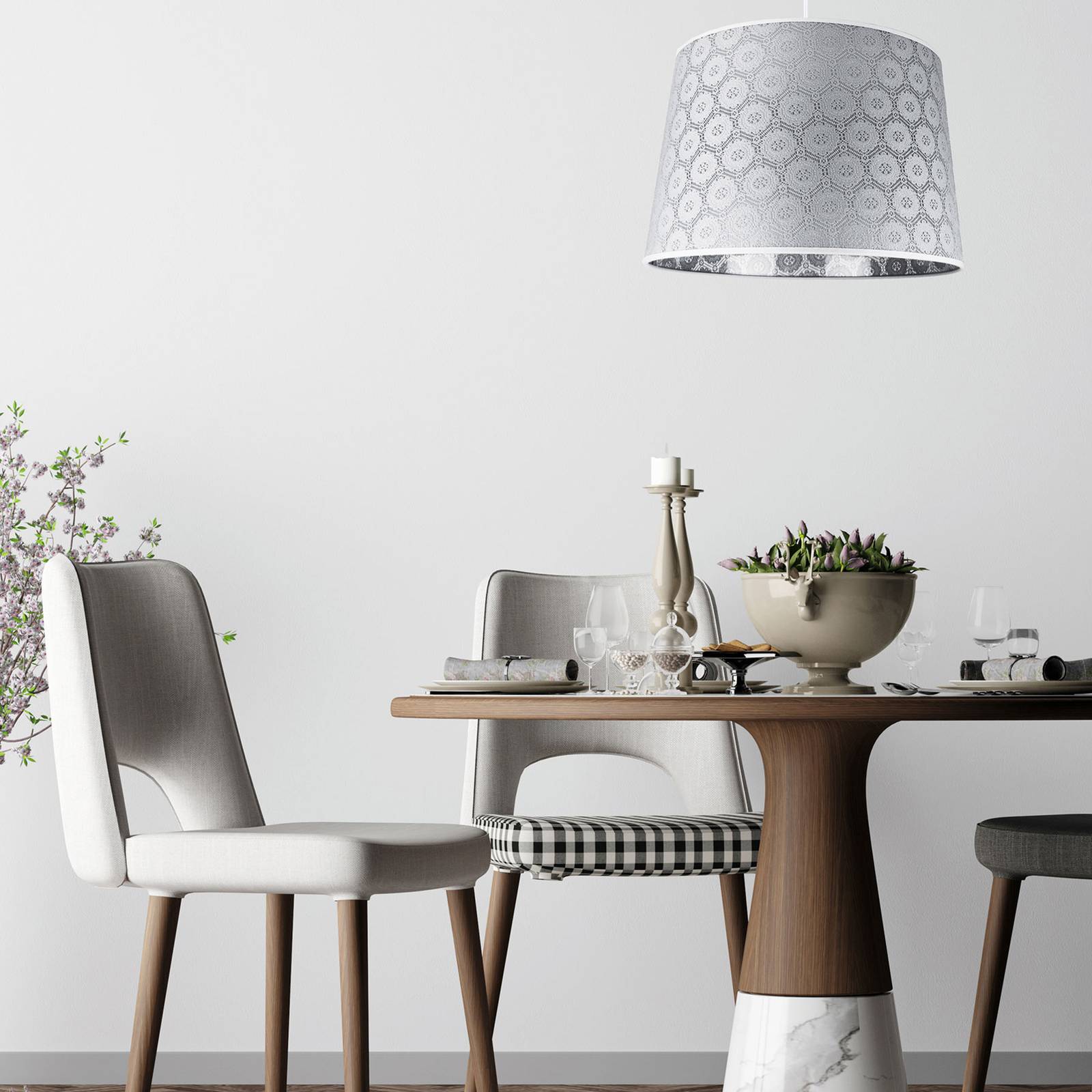 Lampa wisząca Rustica z szarym wzorem koronki