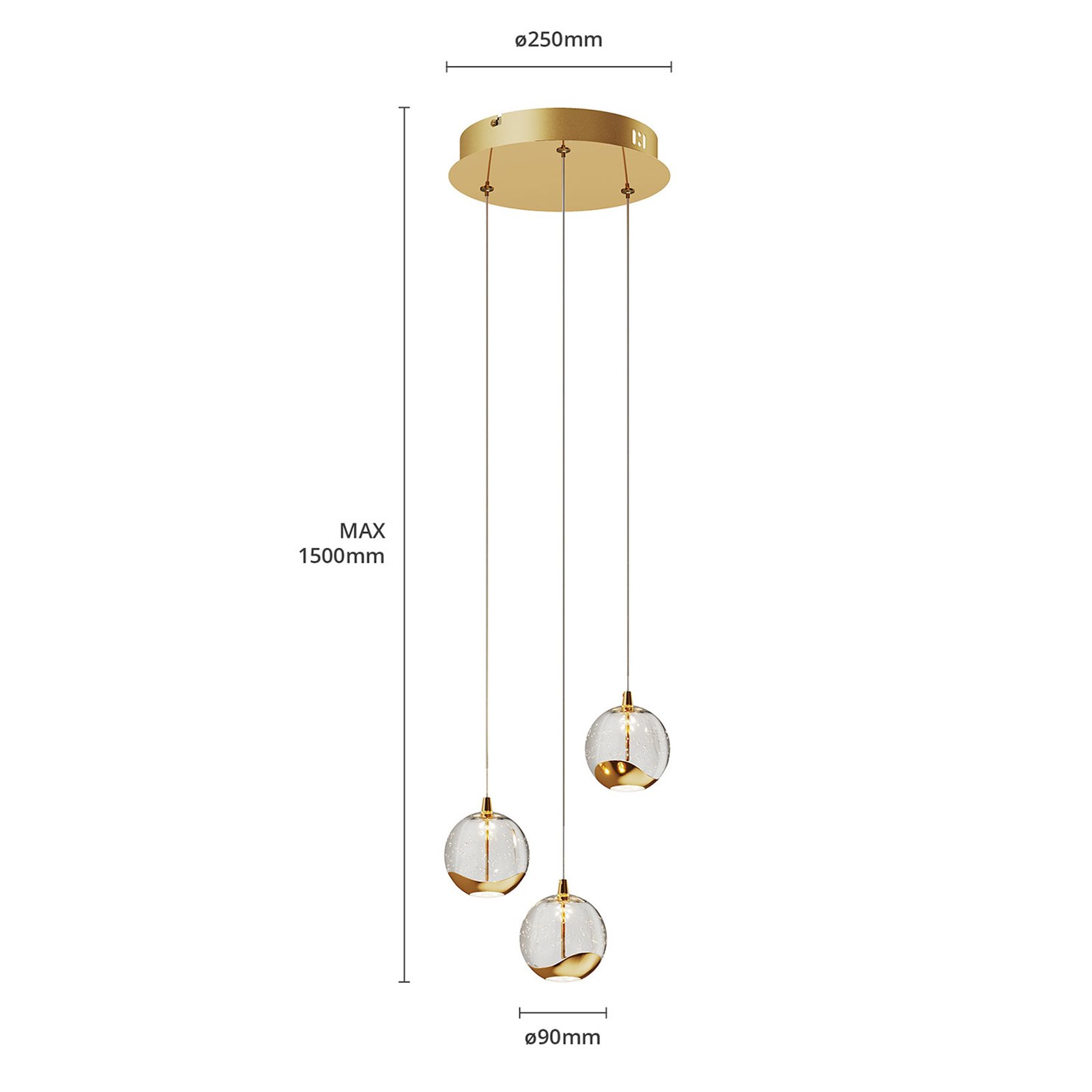 Lucande LED-pendellampe Hayley, Ø 25 cm, 3 lyskilder, gull, glass