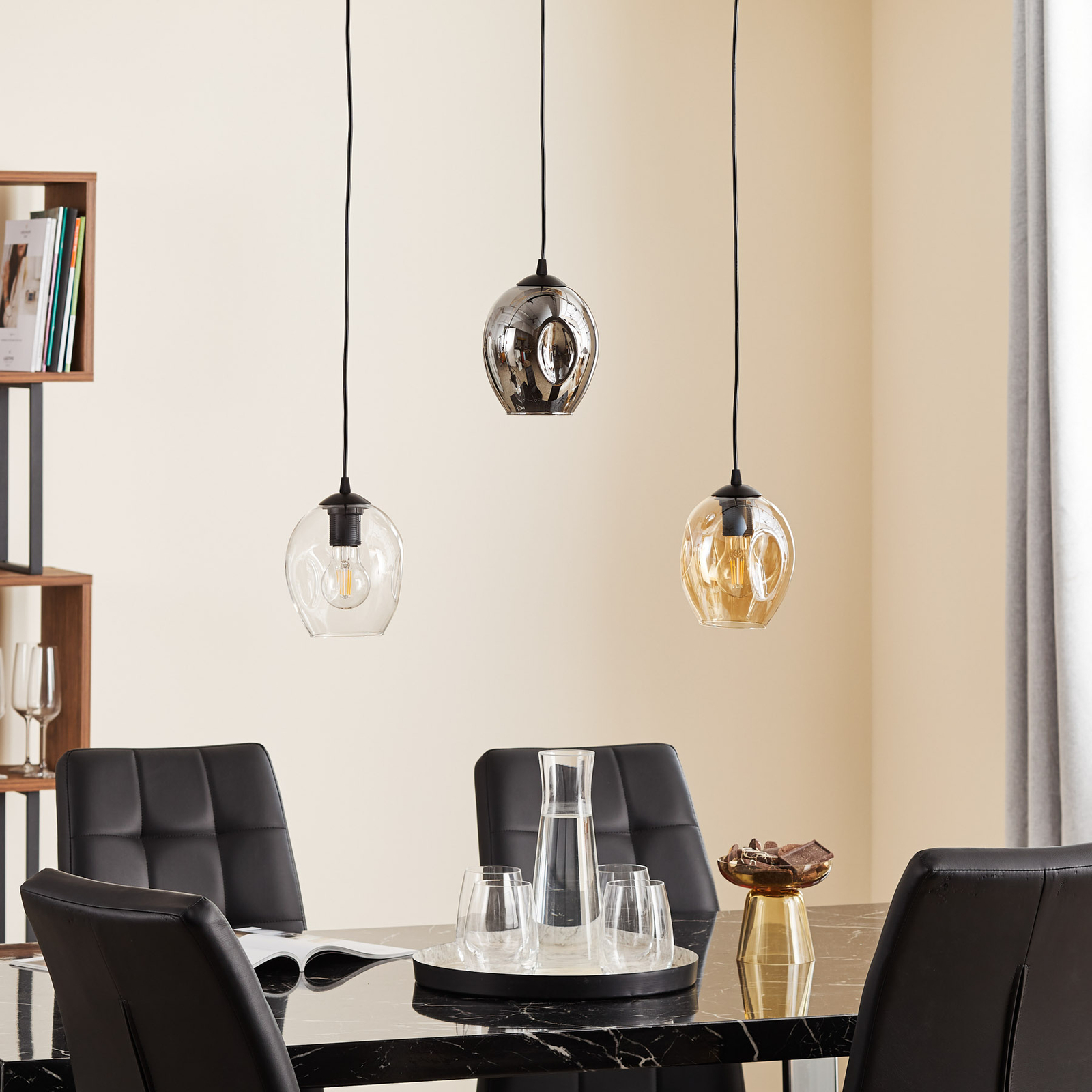 Hanglamp Starla recht 3-lamps grafiet/amber/helder