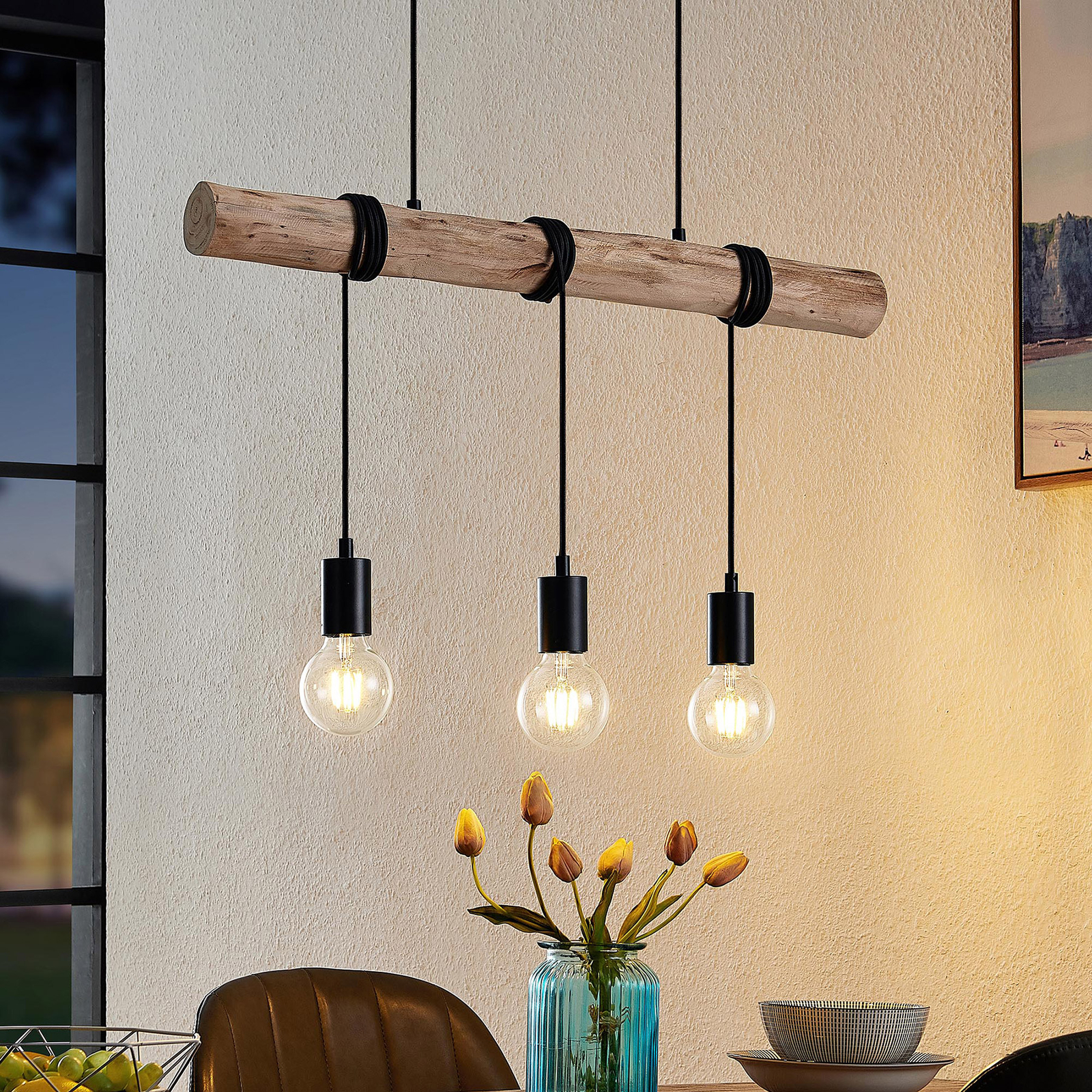 Lindby Ferris wooden hanging light, three-bulb