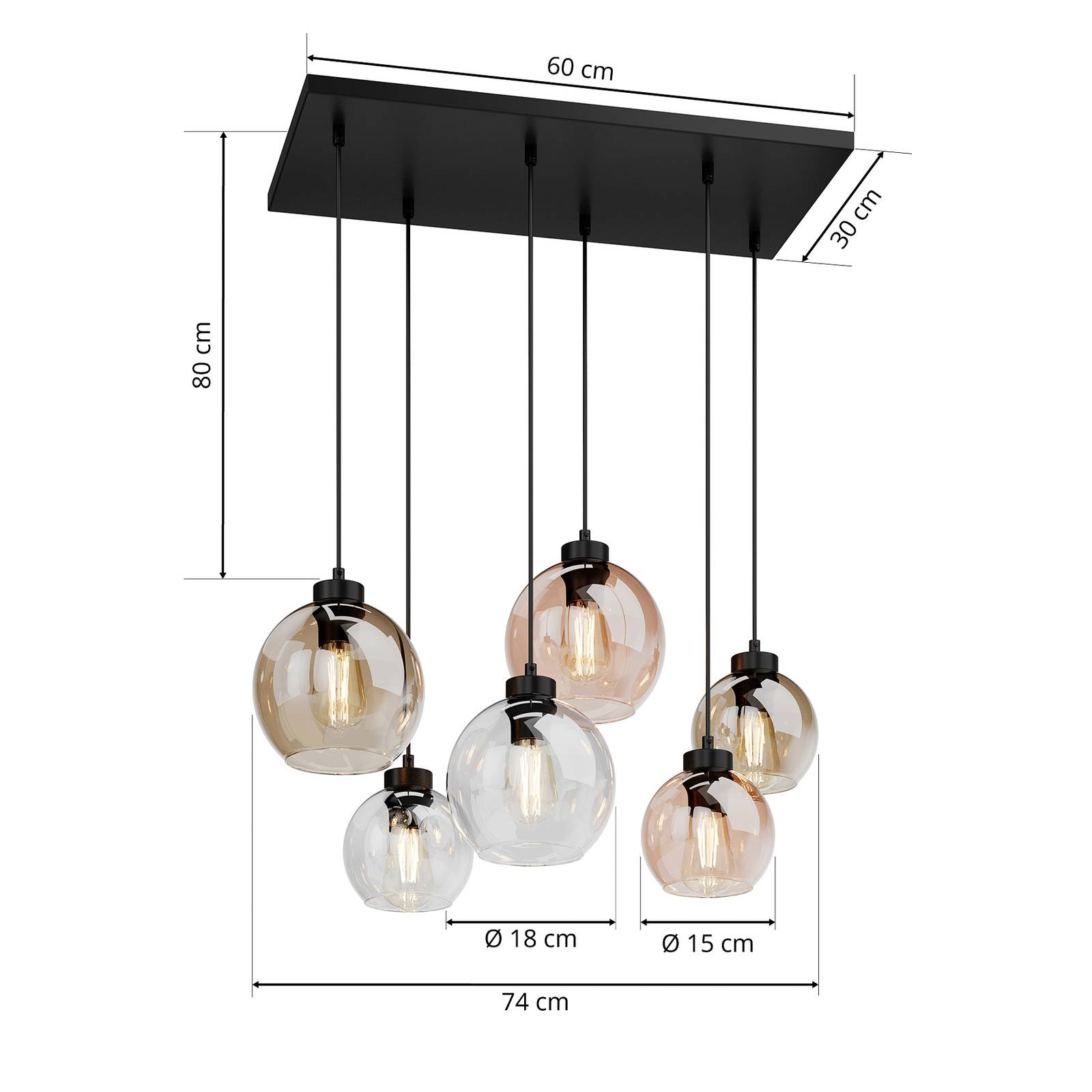 Lampa wisząca Cubus, 74 cm, 6-punktowa, przezroczysty/miodowy/brązowy, szkło